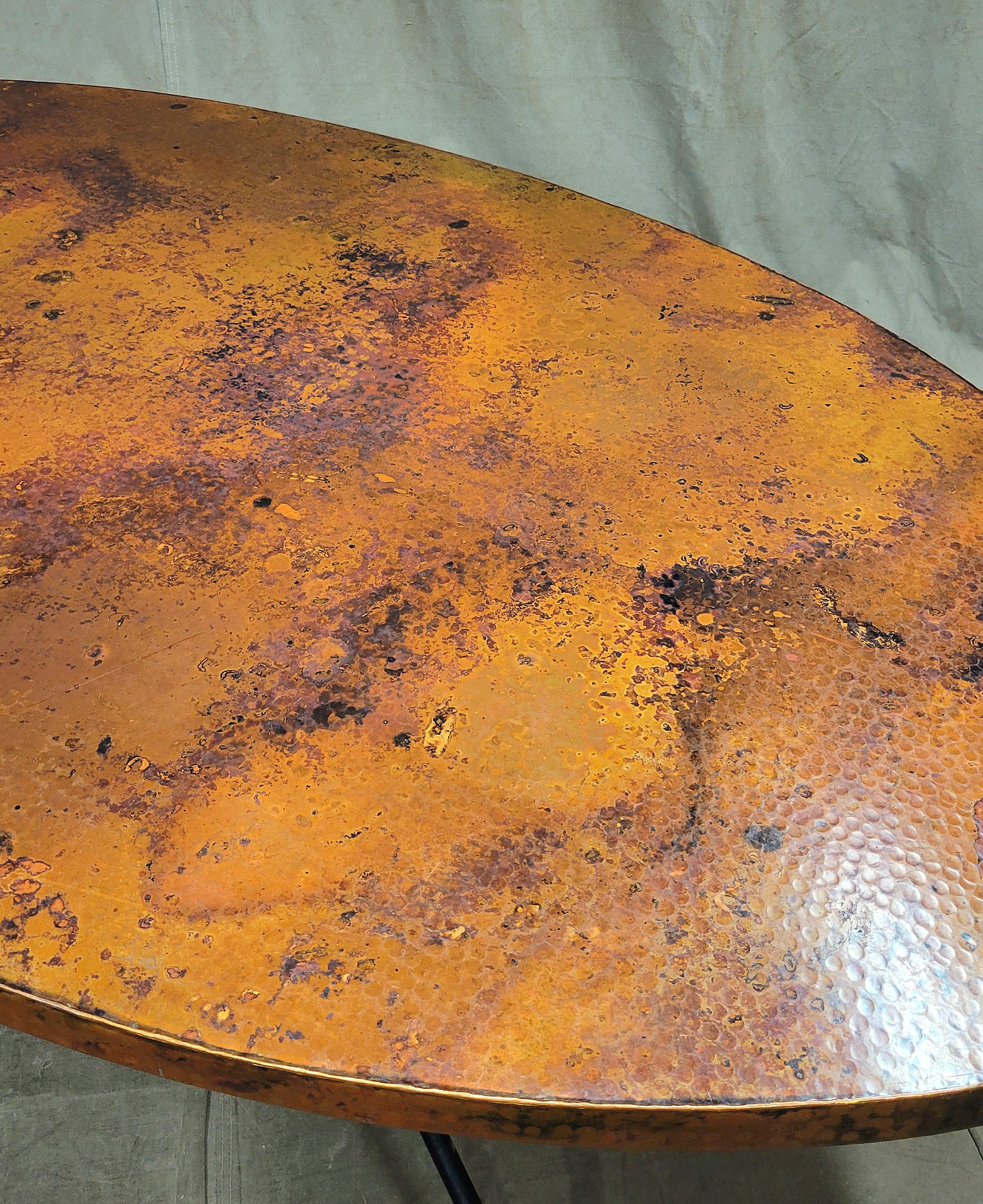 Rustic Arhaus Dining Table With Hammered Copper Top and Iron Arabesque Base