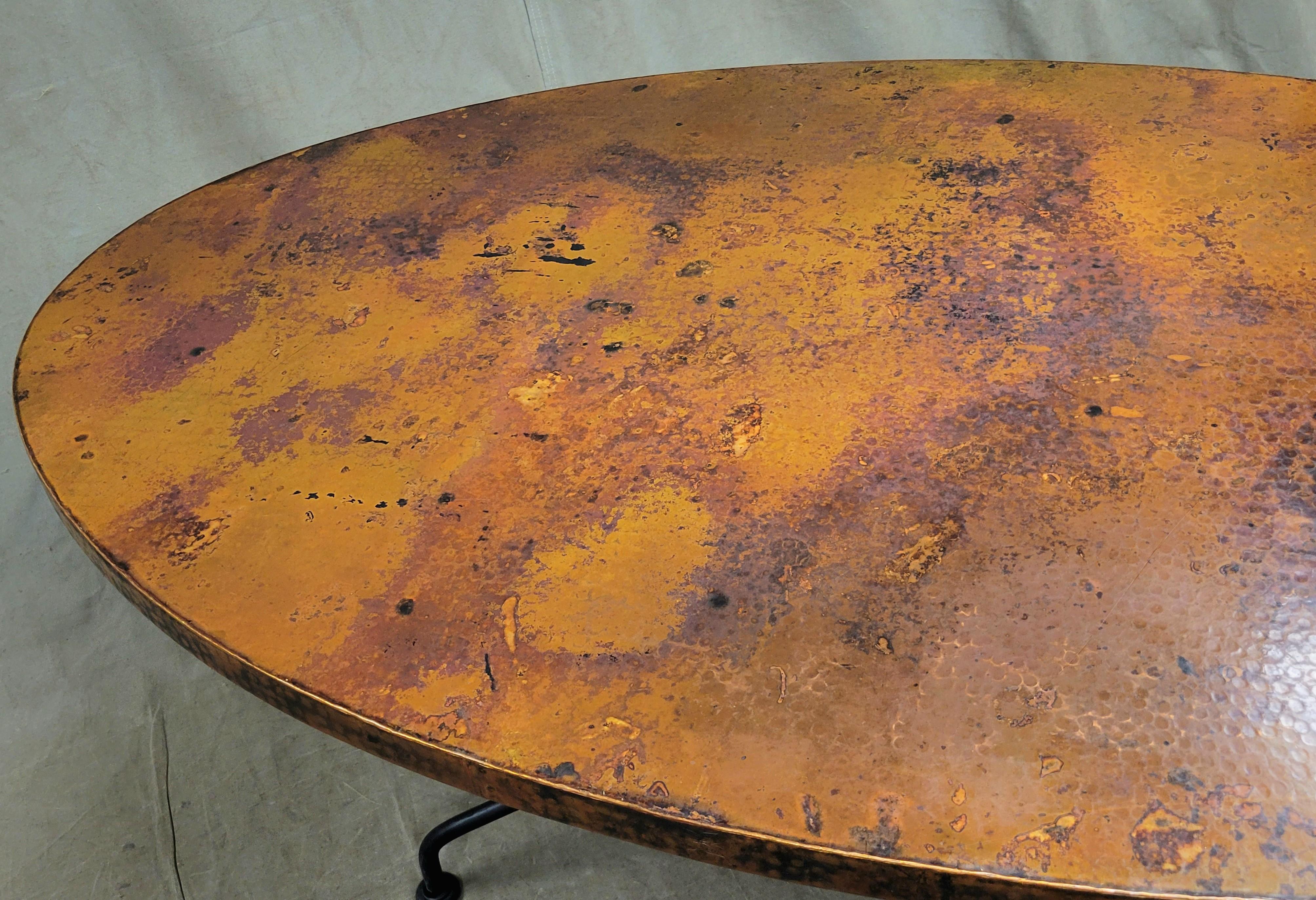 Mexican Arhaus Dining Table With Hammered Copper Top and Iron Arabesque Base