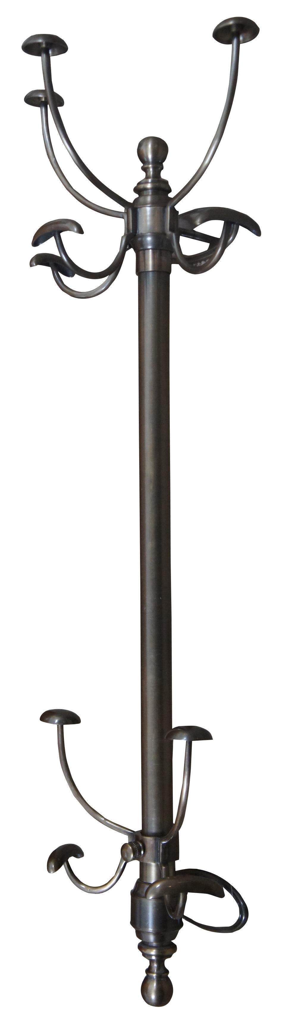 Vintage wall mounted brass hat/coat rack with 10 total hooks with 6 hooks at the top and 4 additional hooks on the adjustable lower portion, in an antiqued brass finish, by Arhaus. Measure: 43