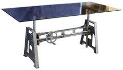 Arhaus Industrial Crank Desk Iron Base Glass Top Steampunk Dining Library Table