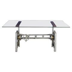 Arhaus Industrial Crank Desk Eisen Basis Glasplatte Steampunk Dining Bibliothek Tisch