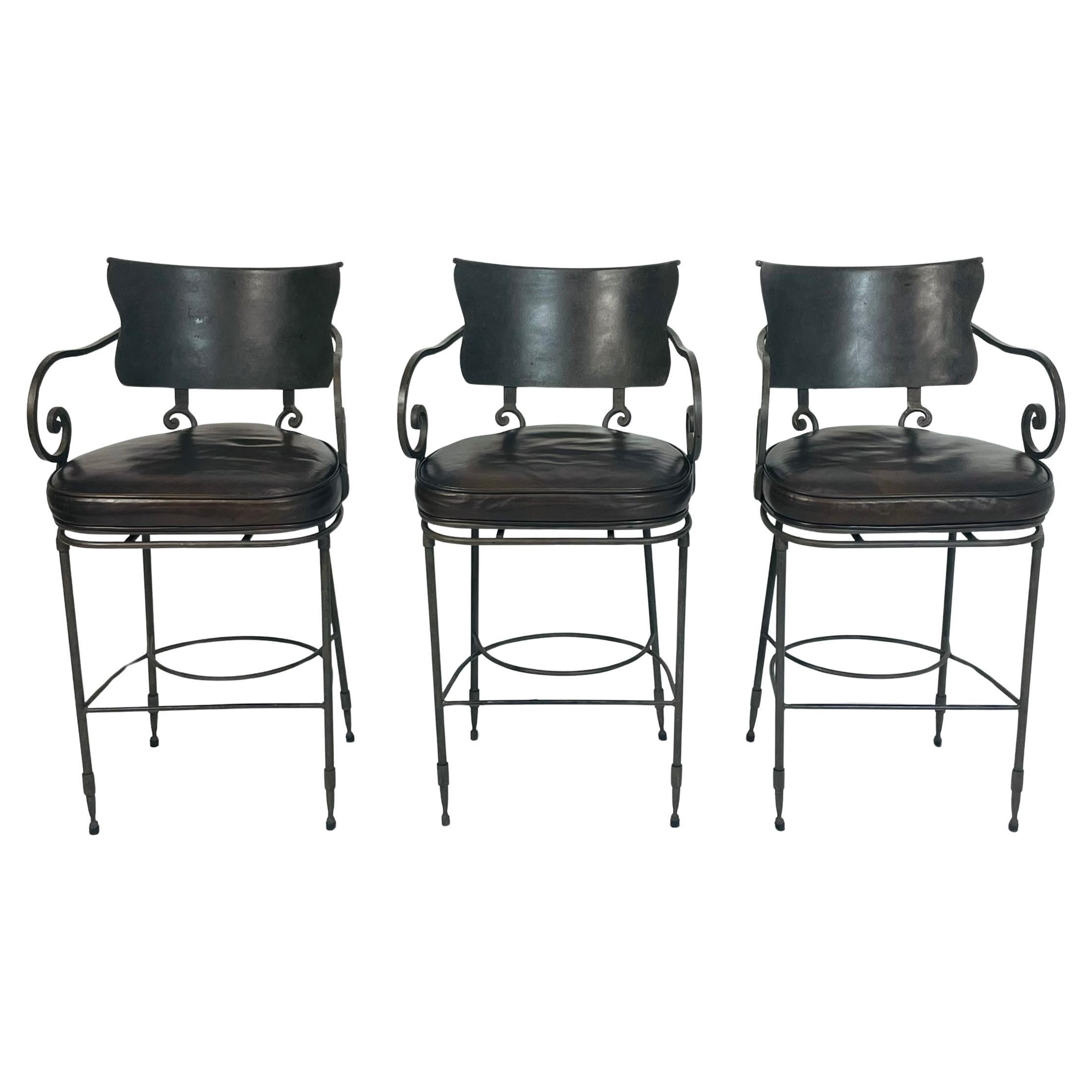 Arhaus Industrial Steel Counter Stools with Leather Seats, Set of 3