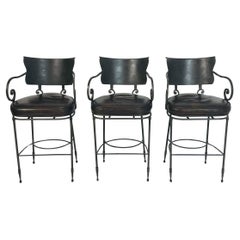 Arhaus Industrial Steel Counter Stools with Leather Seats, Set of 3