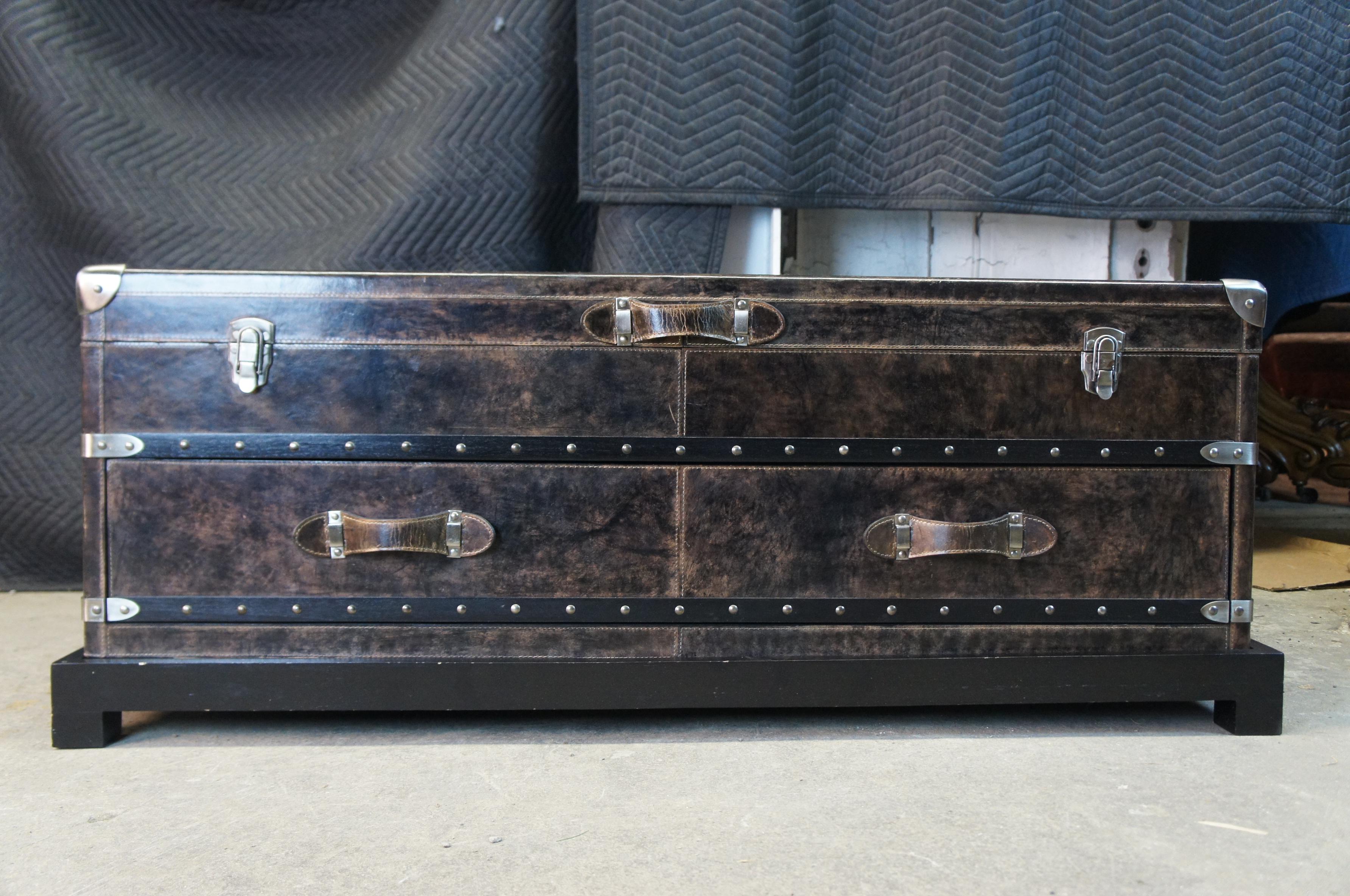 Arhaus Martin Leather Steamer Trunk Coffee Cocktail Table with Drawers on Stand  1