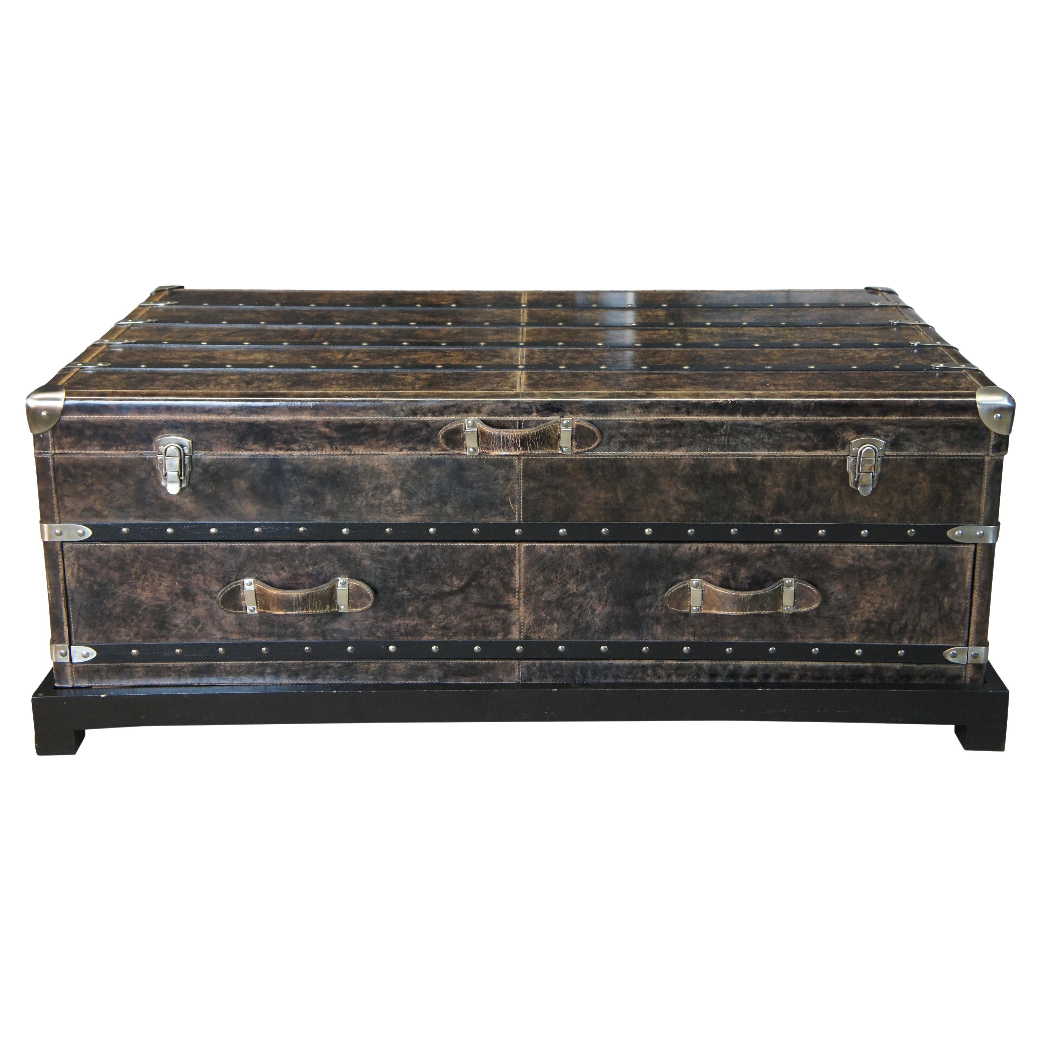 Arhaus Martin Leather Steamer Trunk Coffee Cocktail Table with Drawers on Stand 