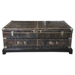 Vintage Arhaus Martin Leather Steamer Trunk Coffee Cocktail Table with Drawers on Stand 