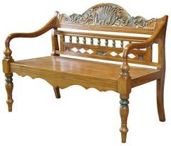 Arhaus Spanish Colonial Teak Carved Country Farmhouse Hall Entry Bench
