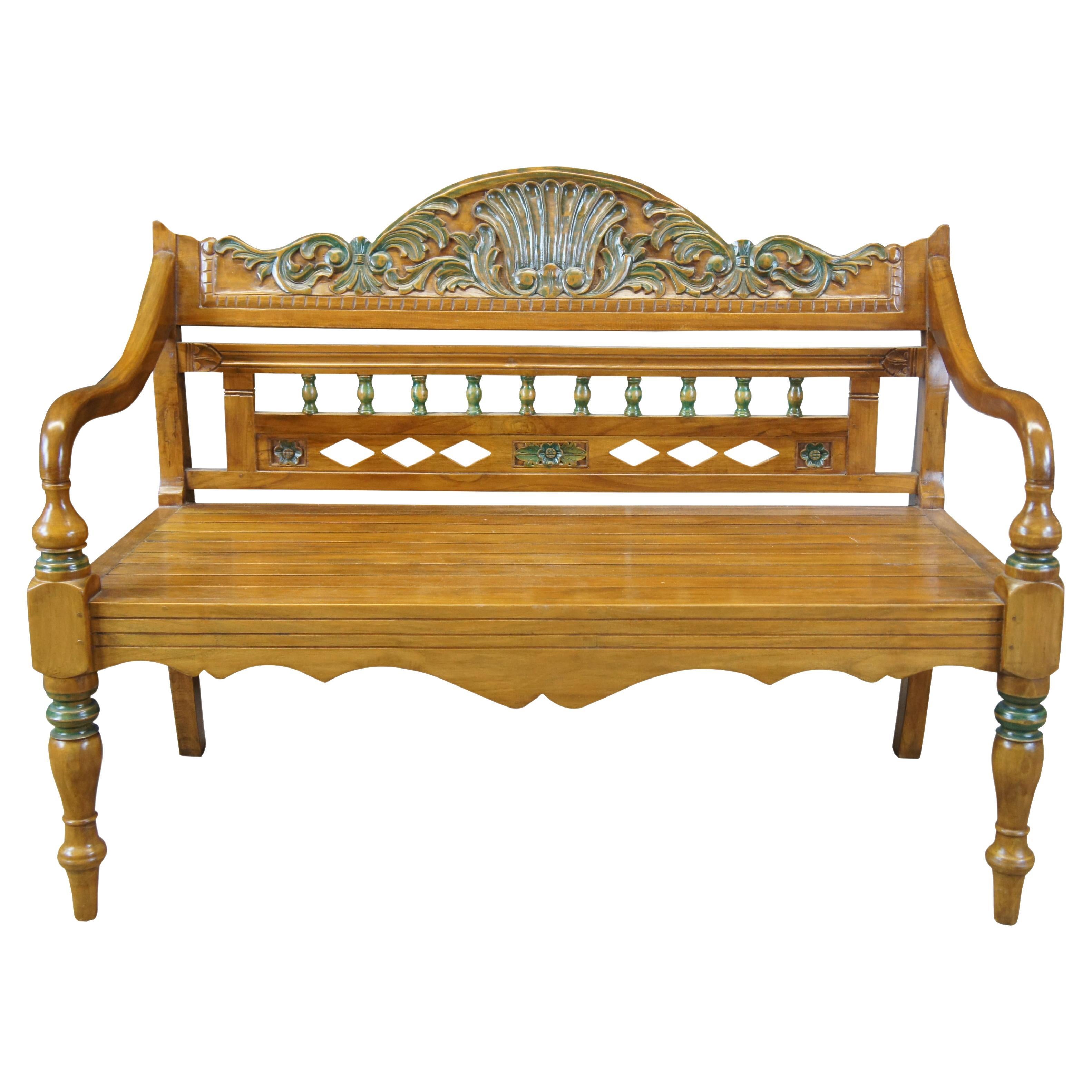 Arhaus Spanish Colonial Teak Carved Country Farmhouse Hall Entry Bench