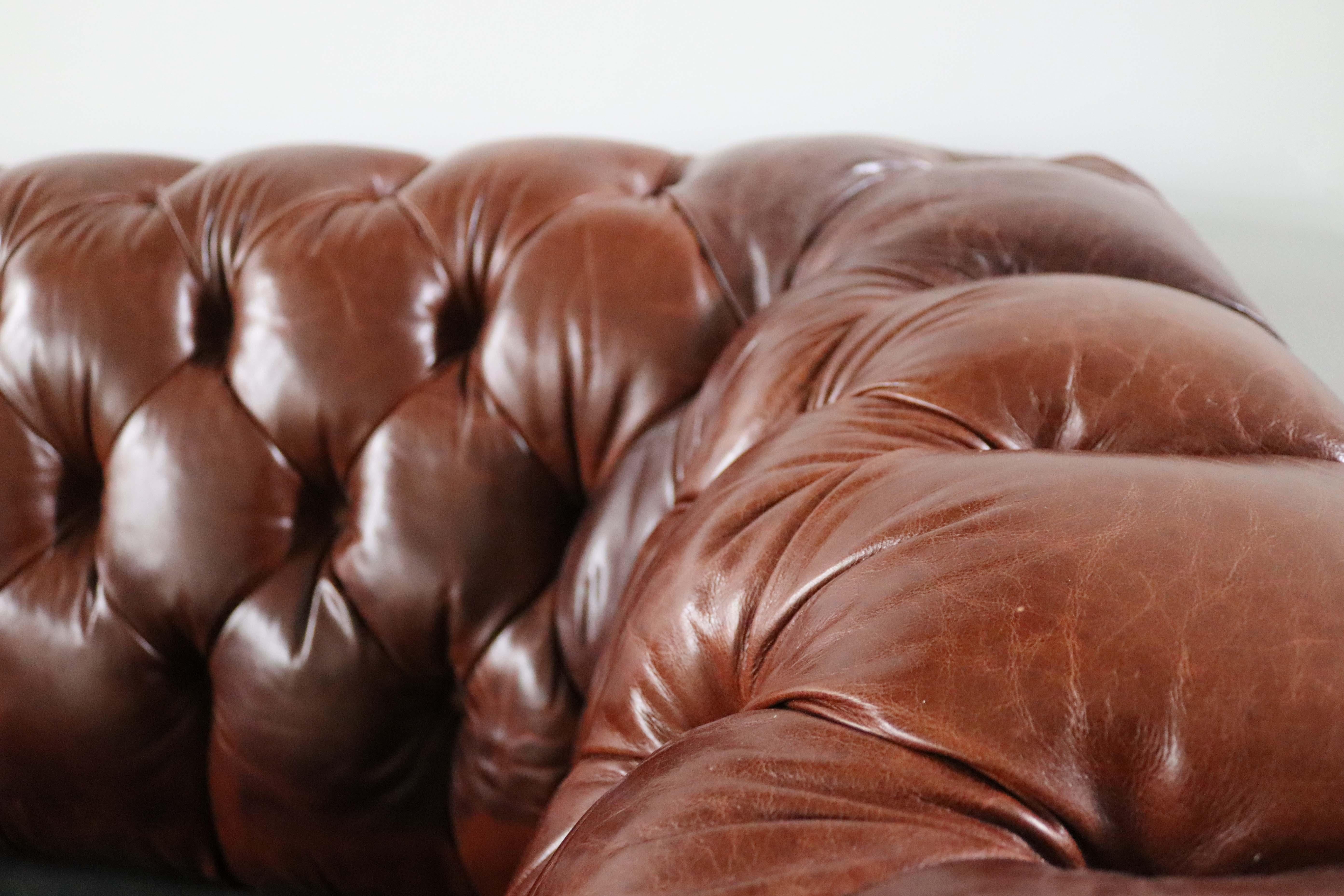 Up for sale is this luxurious leather, tufted sofa in a warm and natural brown. This sofa is truly both sophisticated and comfortable. The oversized scale makes this a showcase piece in any room and allows for extra guest seating. 

Dimensions: