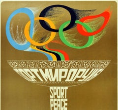 Original Vintage Poster Moscow Olympic Games Flame Torch Sport Peace Friendship