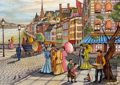 AFTERNOON STROLL Signed Lithograph Vintage Street Scene Victorian Fashion People