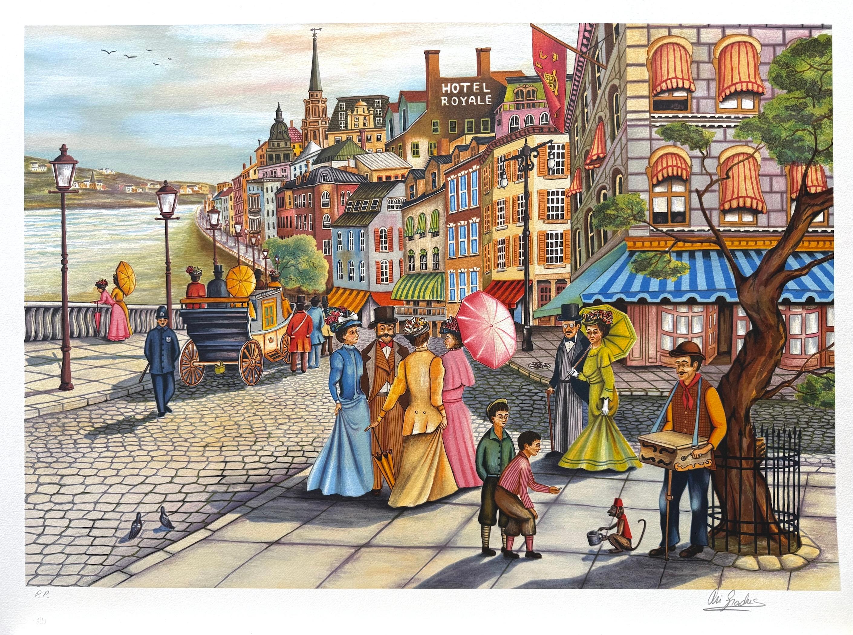 AFTERNOON STROLL Signierte Lithographie Nostalgische Stadt Straßenszene Viktorianische Mode (Zeitgenössisch), Print, von Ari Gradus