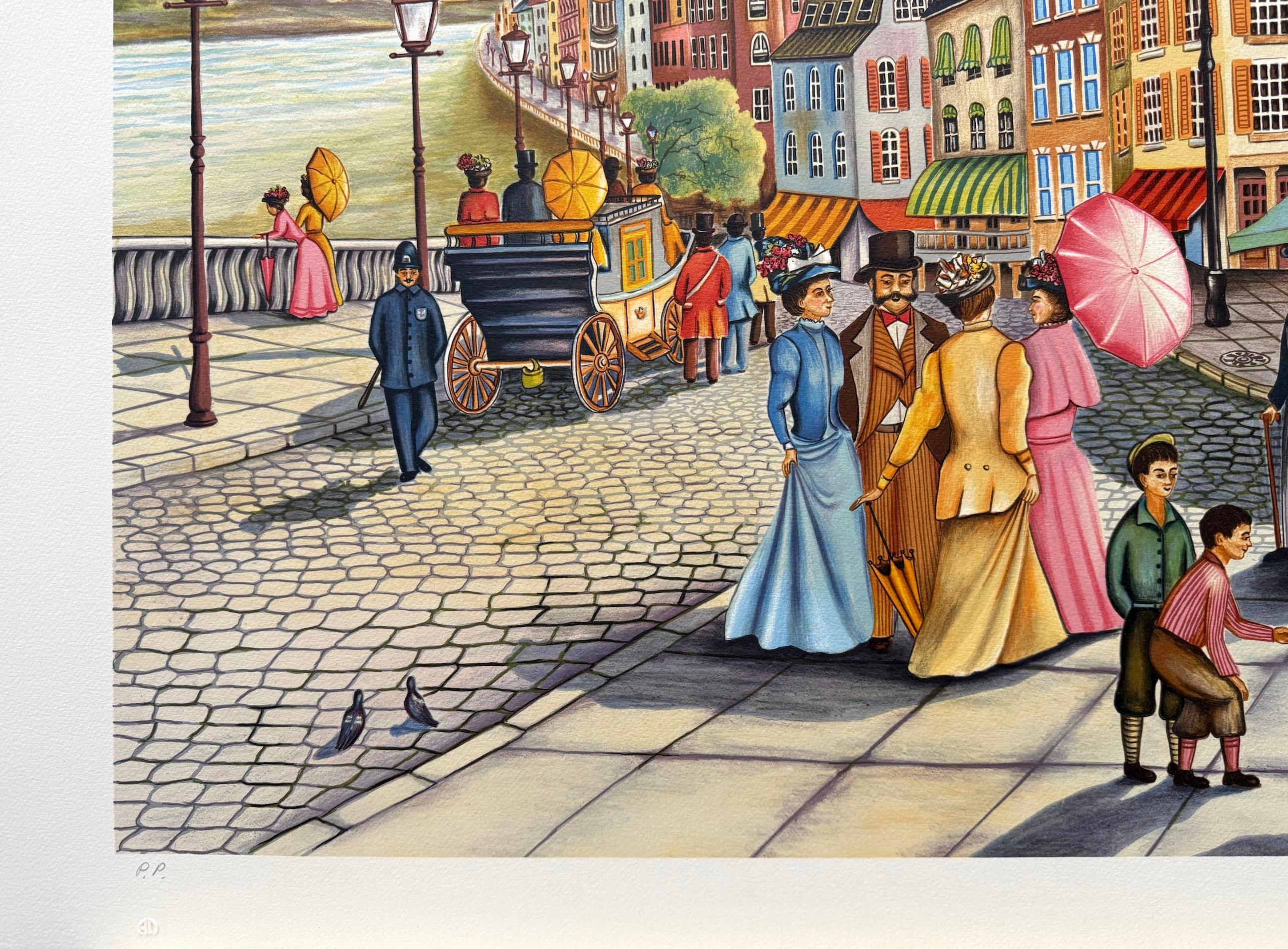 AFTERNOON STROLL Signierte Lithographie Nostalgische Stadt Straßenszene Viktorianische Mode (Beige), Figurative Print, von Ari Gradus
