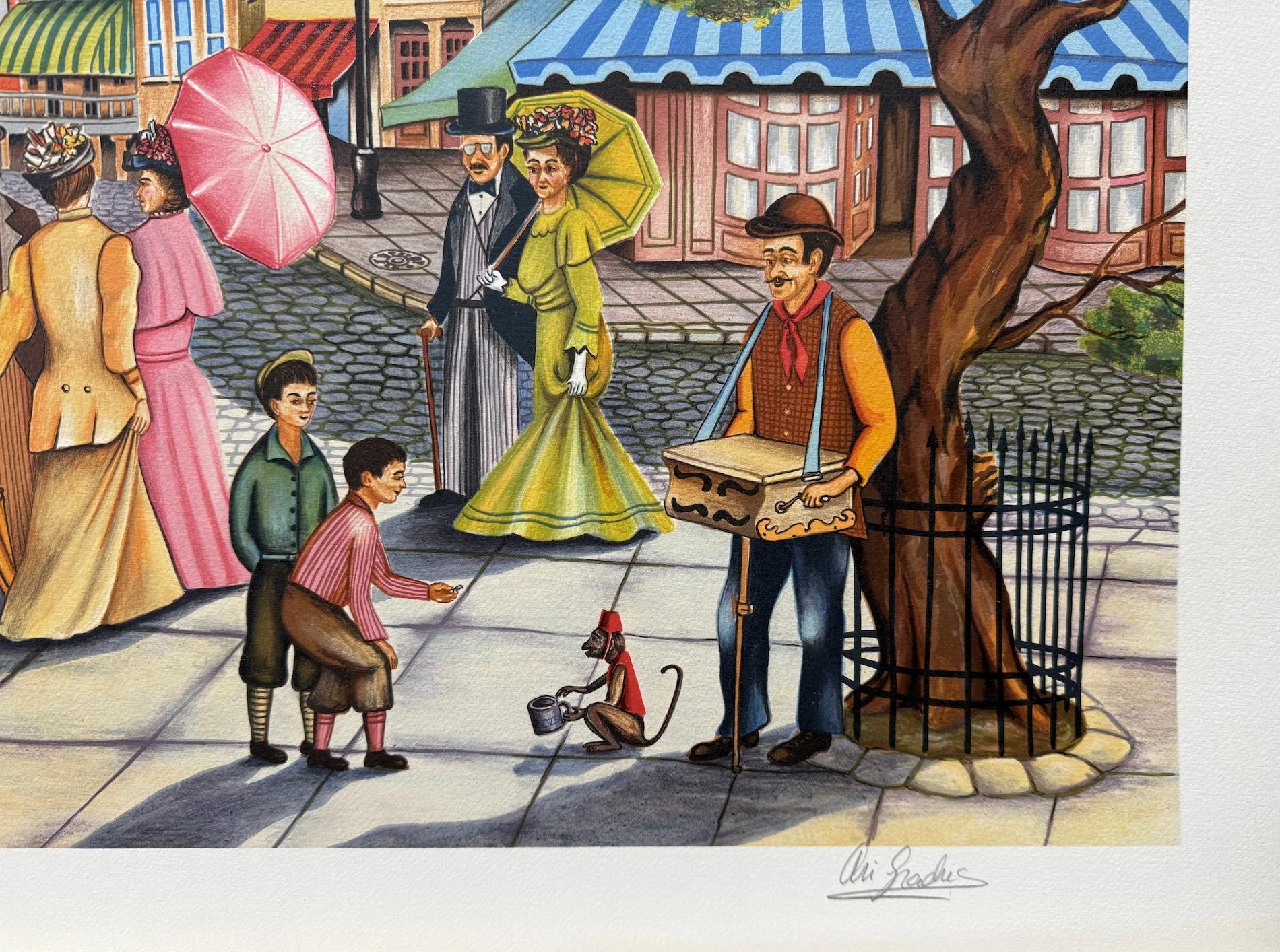 AFTERNOON STROLL ist eine handgezeichnete Originallithografie des Künstlers Ari Gradus, gedruckt in 13 Farben mit traditionellen Handdrucktechniken auf archiviertem Arches-Papier, das 100% säurefrei ist. AFTERNOON STROLL zeigt eine nostalgische