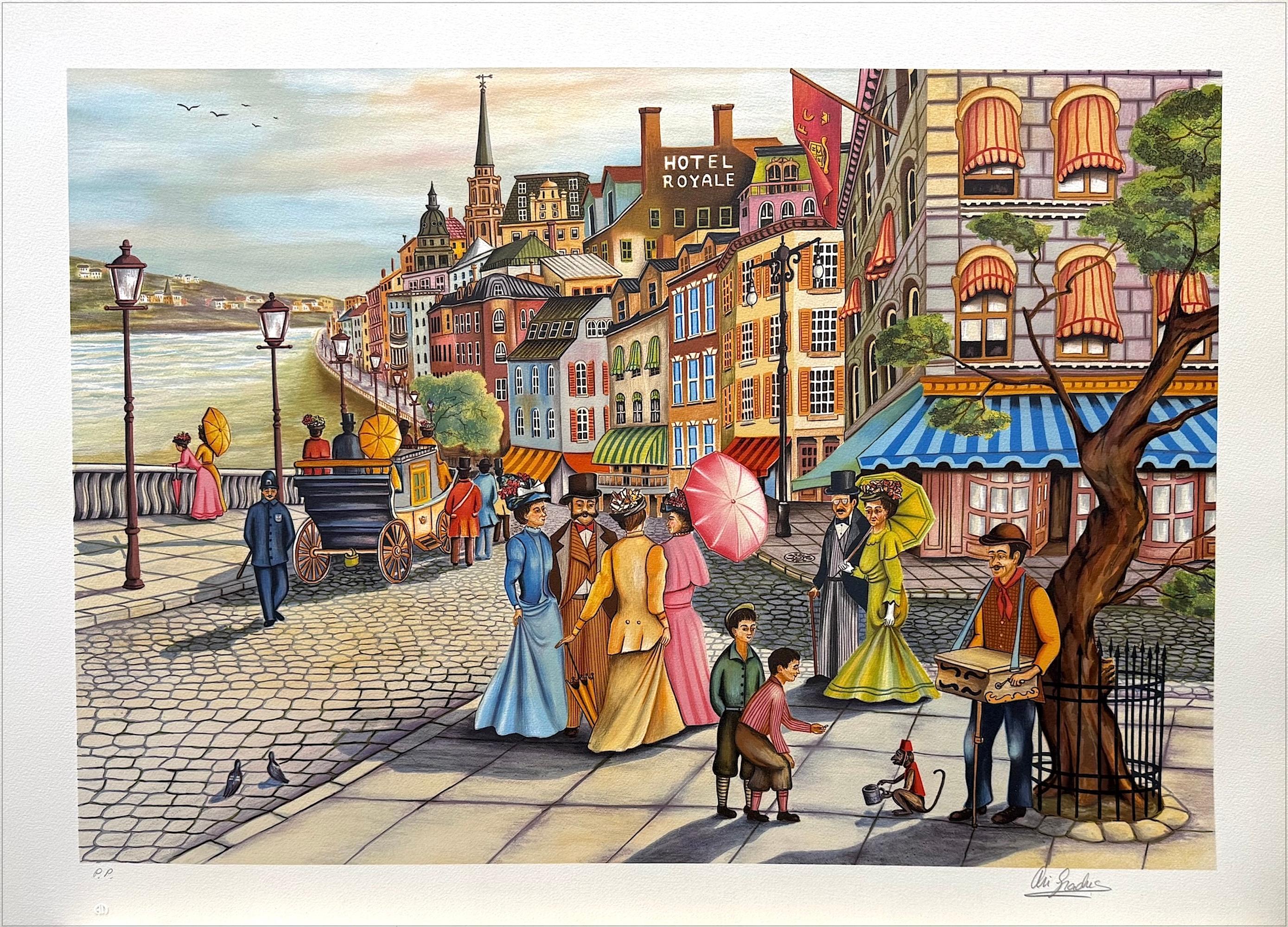 AFTERNOON STROLL Lithographie signée Nostalgic City Street Scene Victorian Fashion
