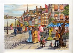 AFTERNOON STROLL Signierte Lithographie Nostalgische Stadt Straßenszene Viktorianische Mode
