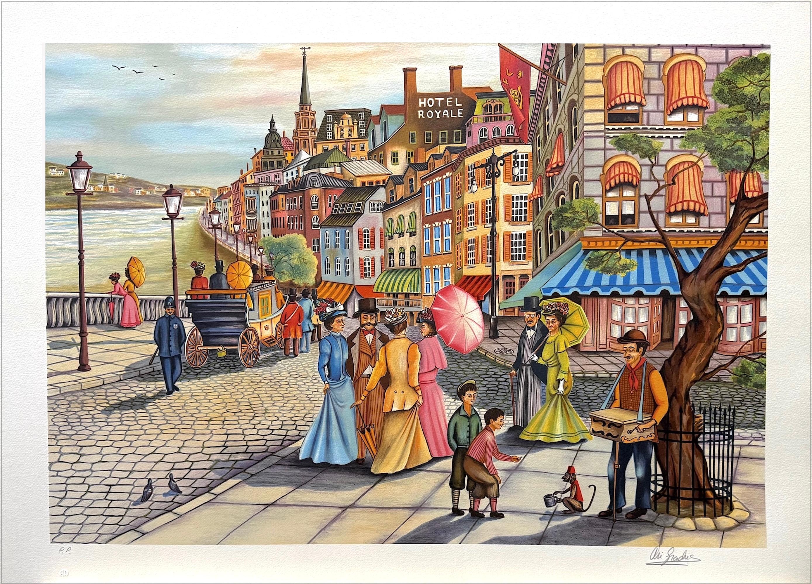 AFTERNOON STROLL Signed Lithograph Nostalgic City Street Scene Victorian Fashion
