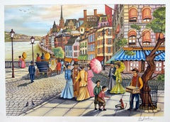 AFTERNOON STROLL Lithographie signée Nostalgic City Street Scene Victorian Fashion