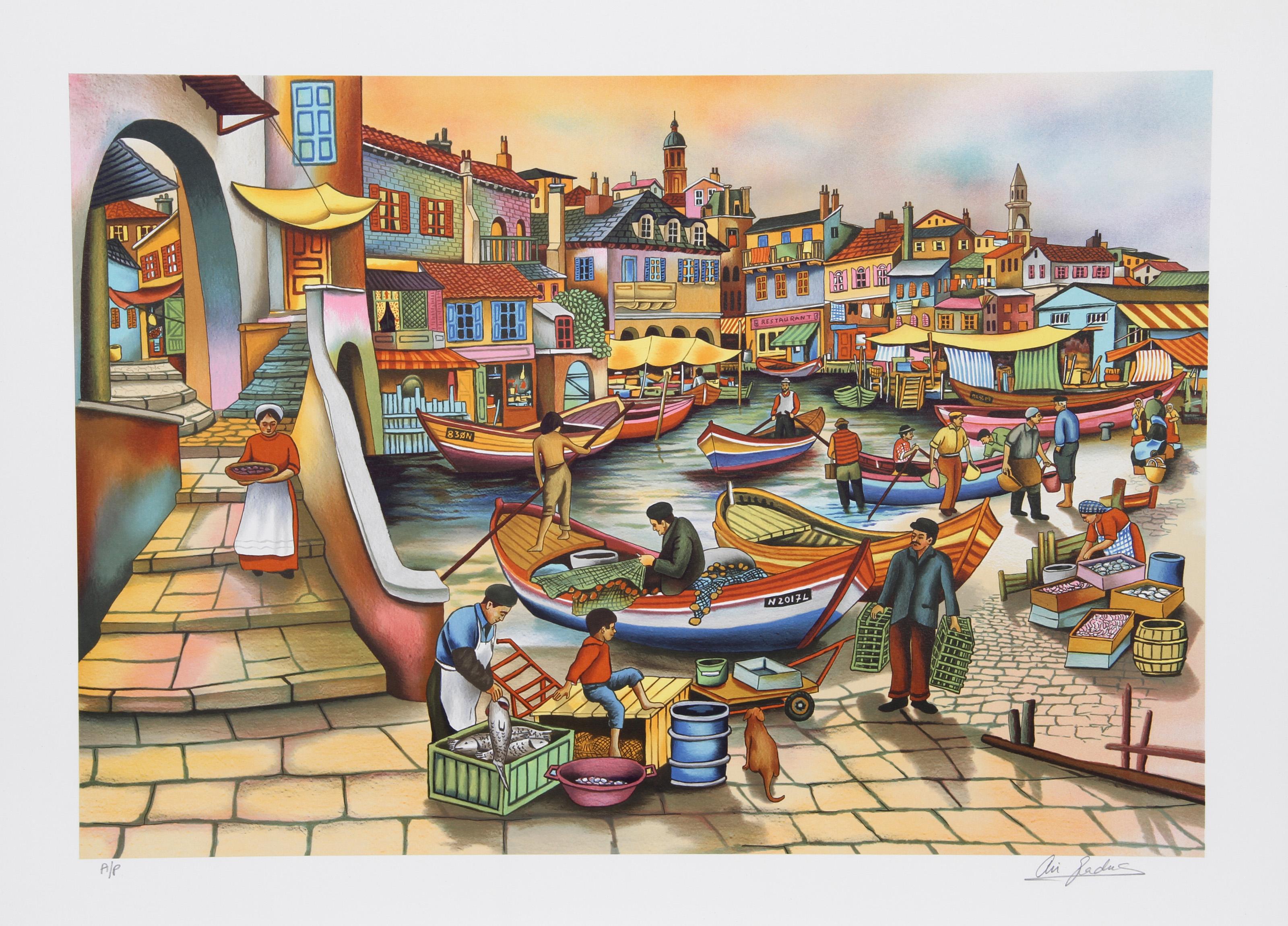 Ari Gradus, israelí (1943 - ) - Traer la pesca, Año:  1980, Medio:  Litografía. Firmado y numerado a lápiz, Edición:  AP, Tamaño de la imagen:  18 x 26 pulgadas, Tamaño:  55,88 cm x 76,2 cm, Descripción:  En esta pintoresca representación de la zona