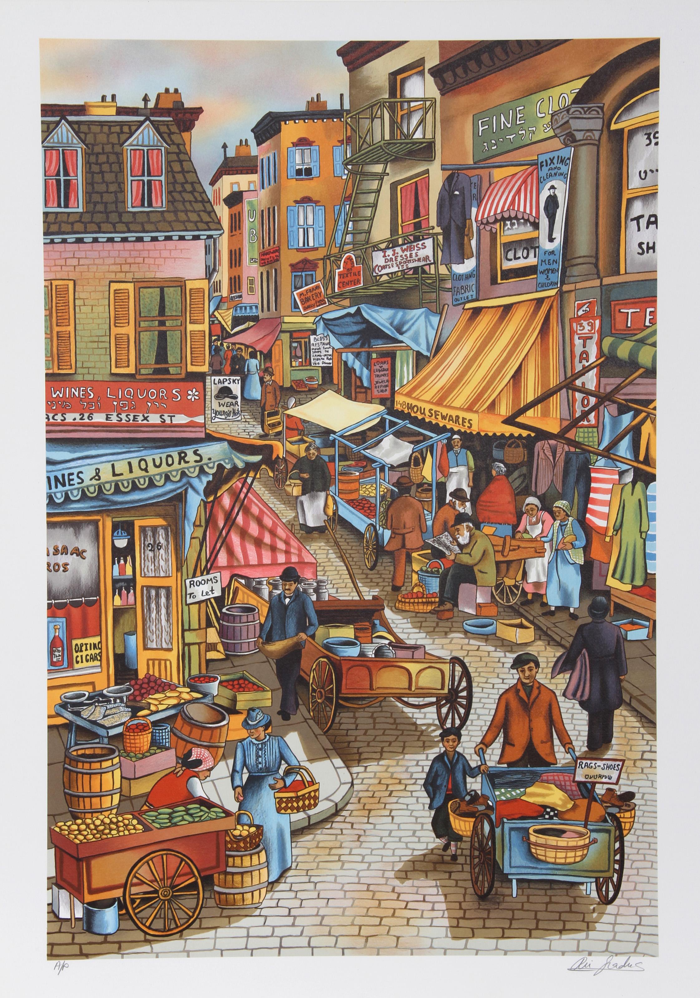 Ari Gradus, israelí (1943 - ) - Primeros días Lower East Side, Año:  1980, Medio:  Litografía, Firmada y numerada a lápiz, Edición:  AP, Tamaño de la imagen:  27 x 18 pulgadas, Tamaño:  30 pulg. x 22 pulg. (76,2 cm x 55,88 cm), Descripción:  La
