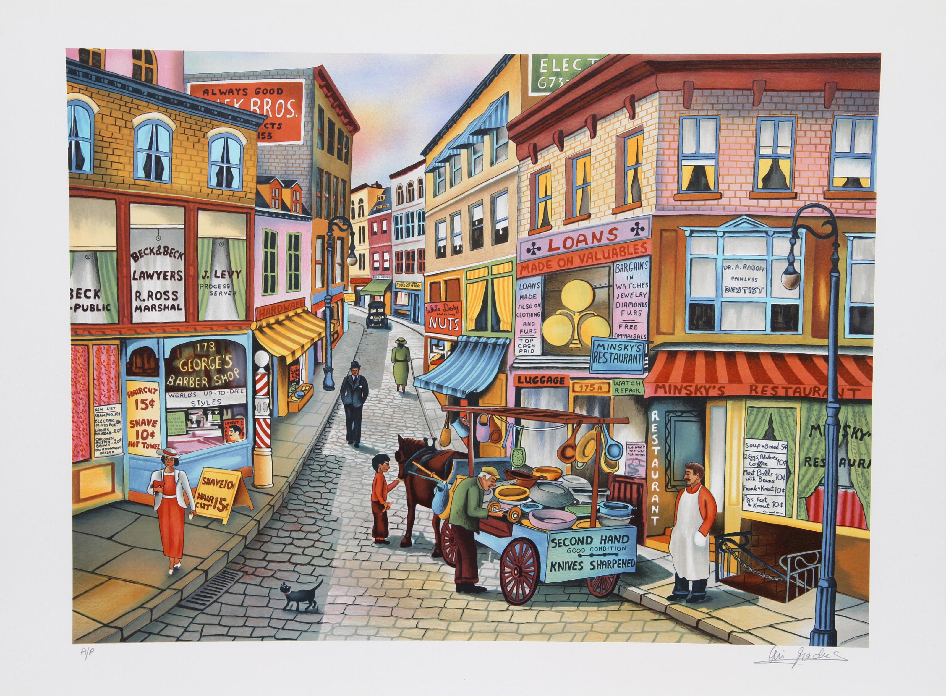 Ari Gradus, Israeli (1943 - ) - Knife Sharpener, Year:  1980, Medium:  Lithograph. Signed and Numbered in Pencil, Edition:  AP, Image Size:  18.5 x 25 inches, Size:  22 in. x 30 in. (55.88 cm x 76.2 cm), Description:  Ari Gradus's street scene is