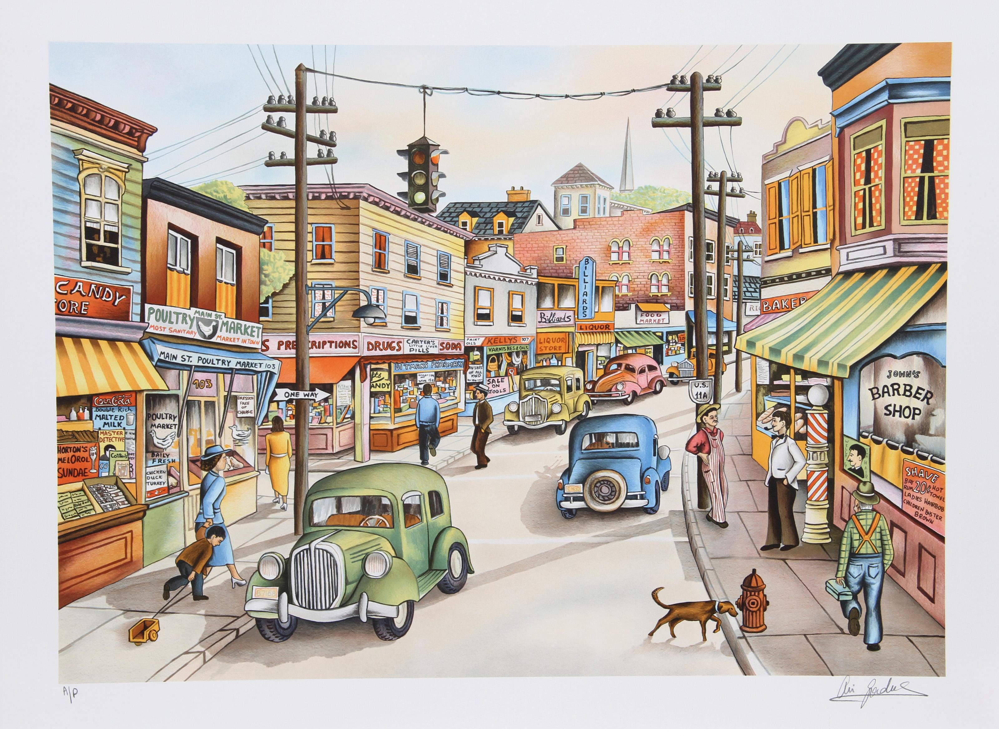 Ari Gradus, israeliano (1943 - ) - Main Street USA, Anno:  1980, Medio:  Litografia, firmata e numerata a matita, edizione:  AP, Dimensioni immagine:  18,5 x 26 pollici, Dimensioni:  22 in. x 30 in. (55,88 cm x 76,2 cm), Descrizione:  La