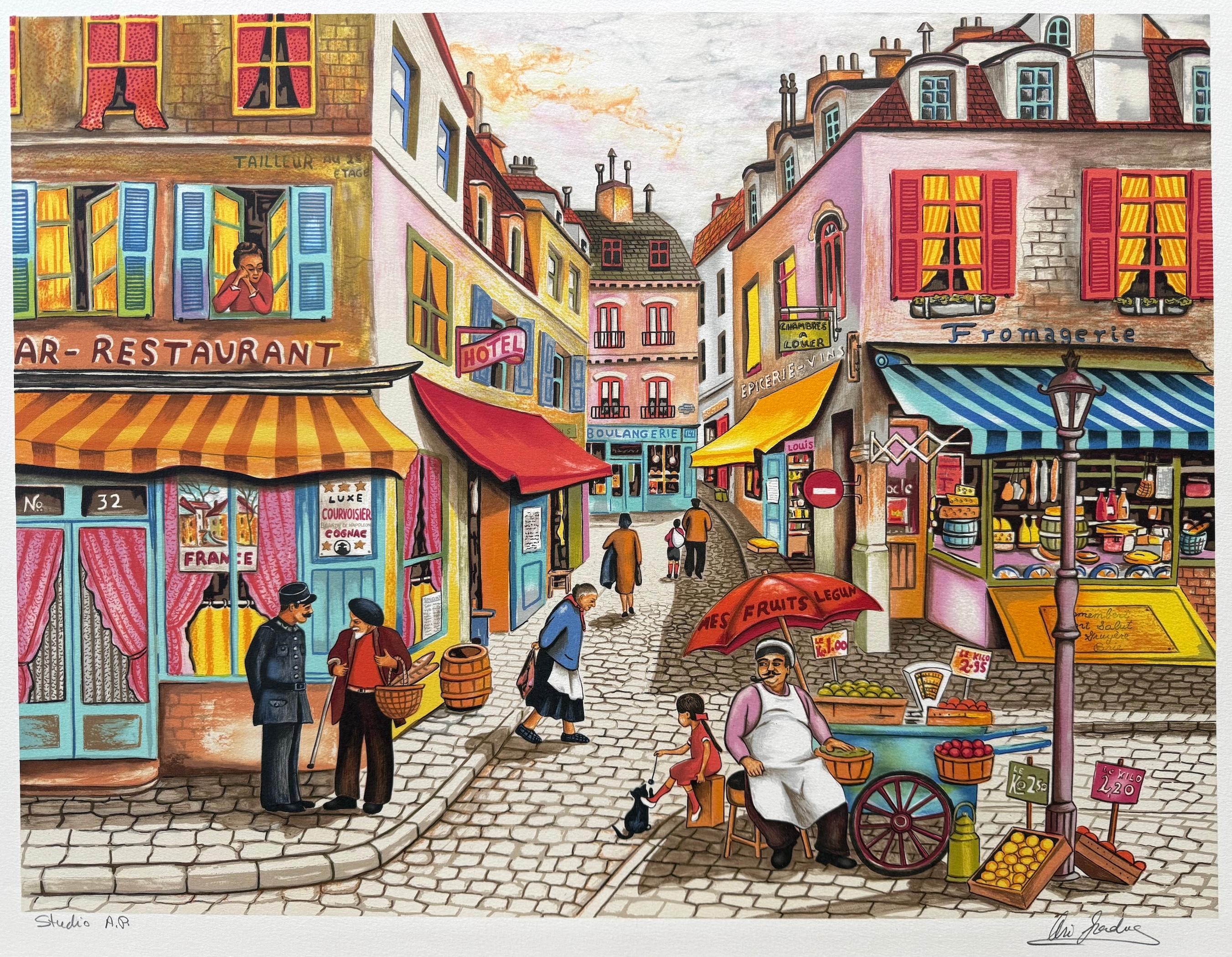 Lithographie signée NOTRE QUARTIER, scène nostalgique d'un marché de rue français - Print de Ari Gradus
