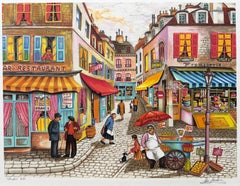 NOTRE QUARTIER Signierte Lithographie, Nostalgische französische Straßenmarktszene