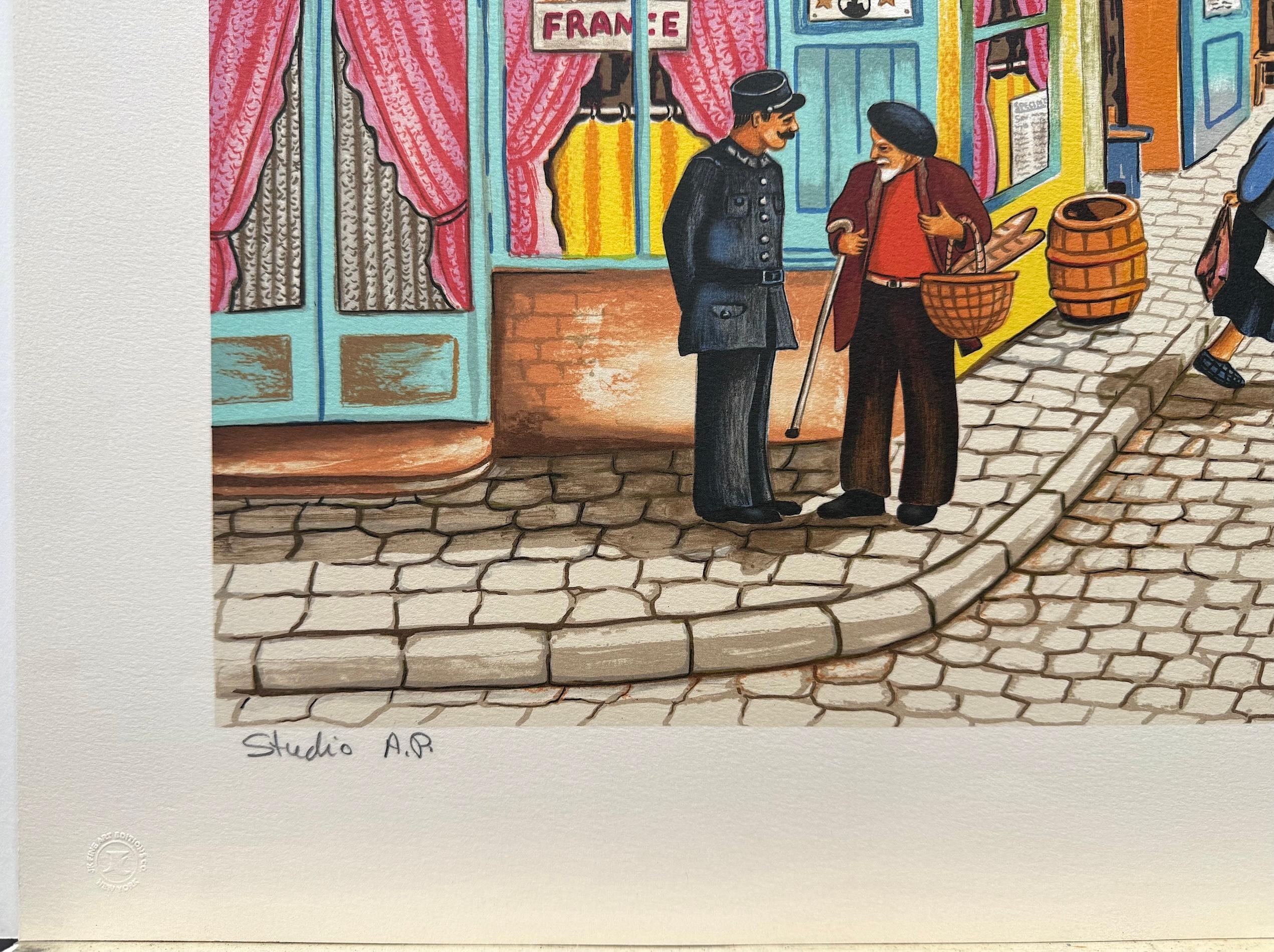 Lithographie signée NOTRE QUARTIER, scène nostalgique d'un marché de rue français - Contemporain Print par Ari Gradus