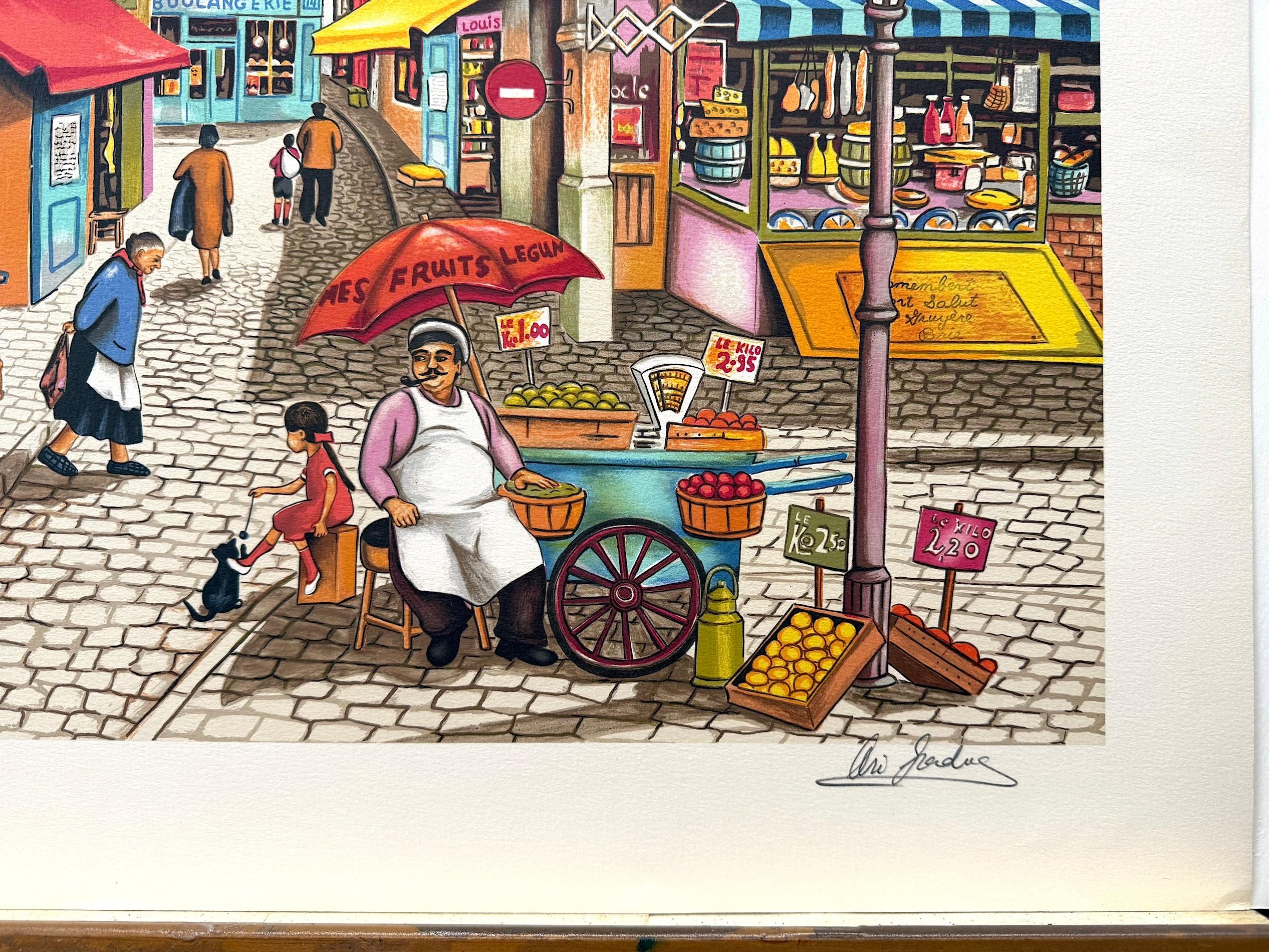 Lithographie signée NOTRE QUARTIER, scène nostalgique d'un marché de rue français - Beige Landscape Print par Ari Gradus