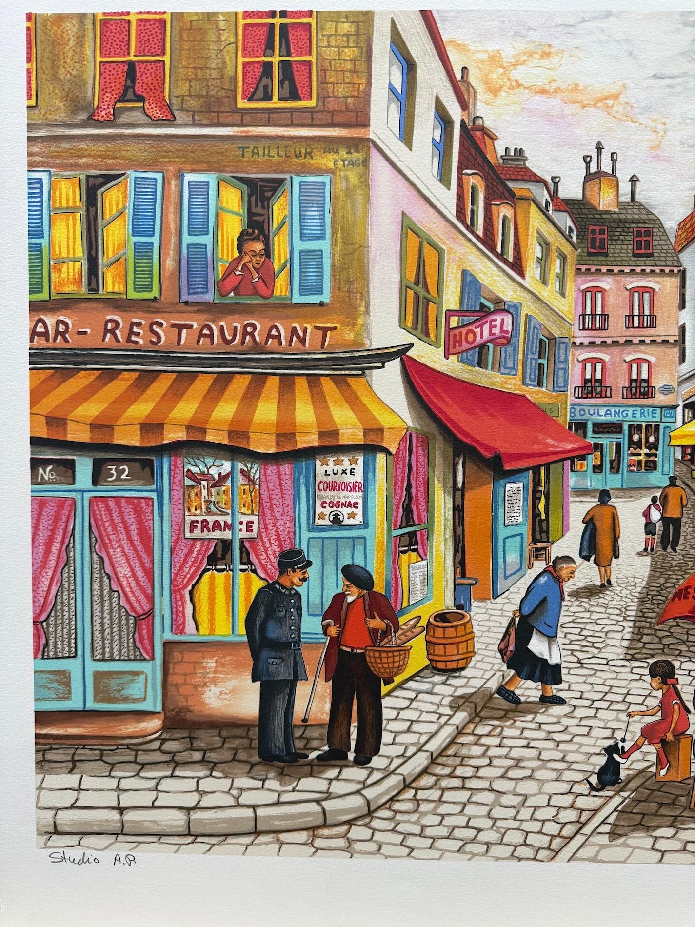 NOTRE QUARTIER est une lithographie originale dessinée à la main par l'artiste Ari Gradus et imprimée en 13 couleurs à l'aide de techniques traditionnelles d'impression à la main sur du papier d'archive Arches 100 % sans acide. NOTRE QUARTIER