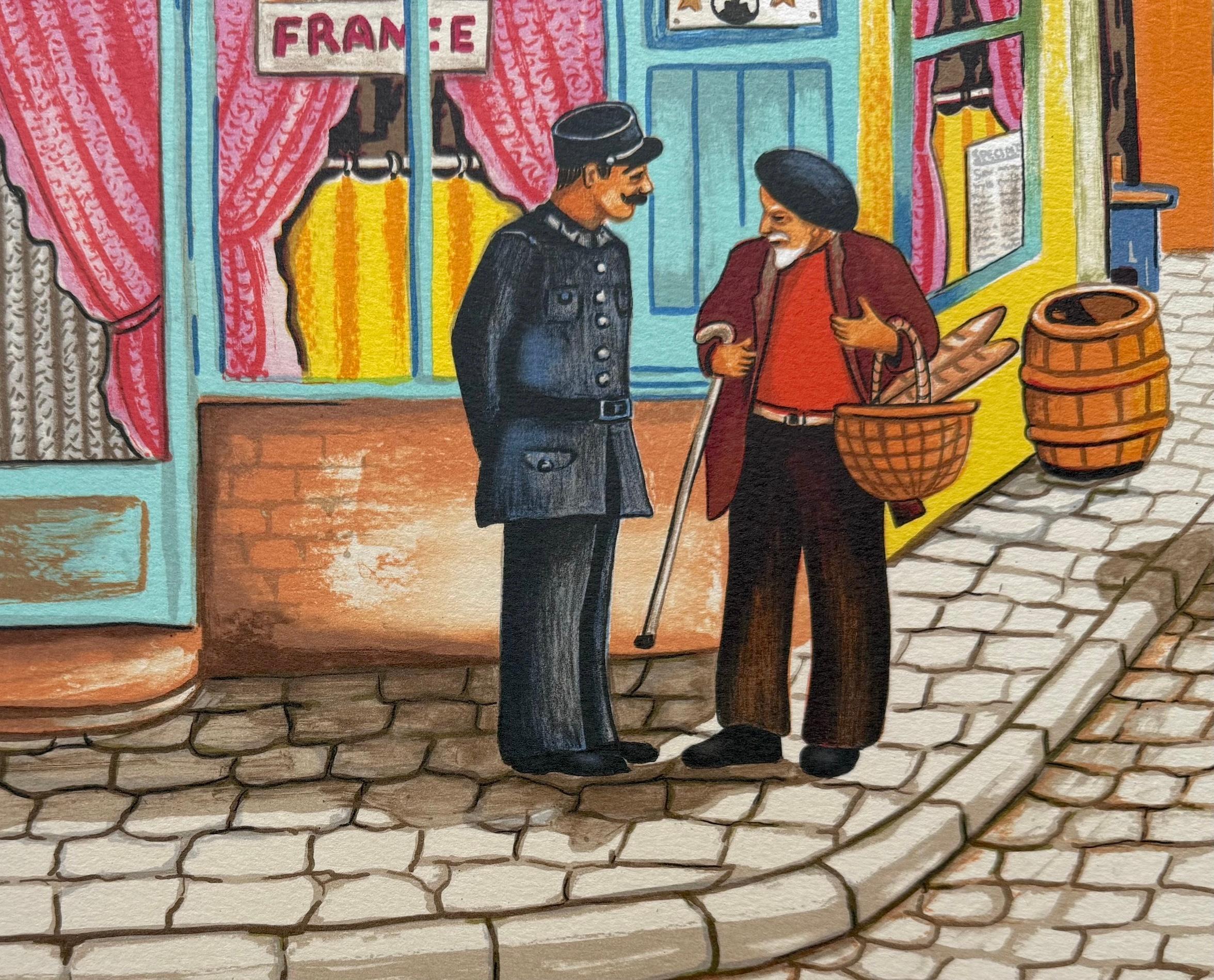 Lithographie signée NOTRE QUARTIER, scène nostalgique d'un marché de rue français en vente 1
