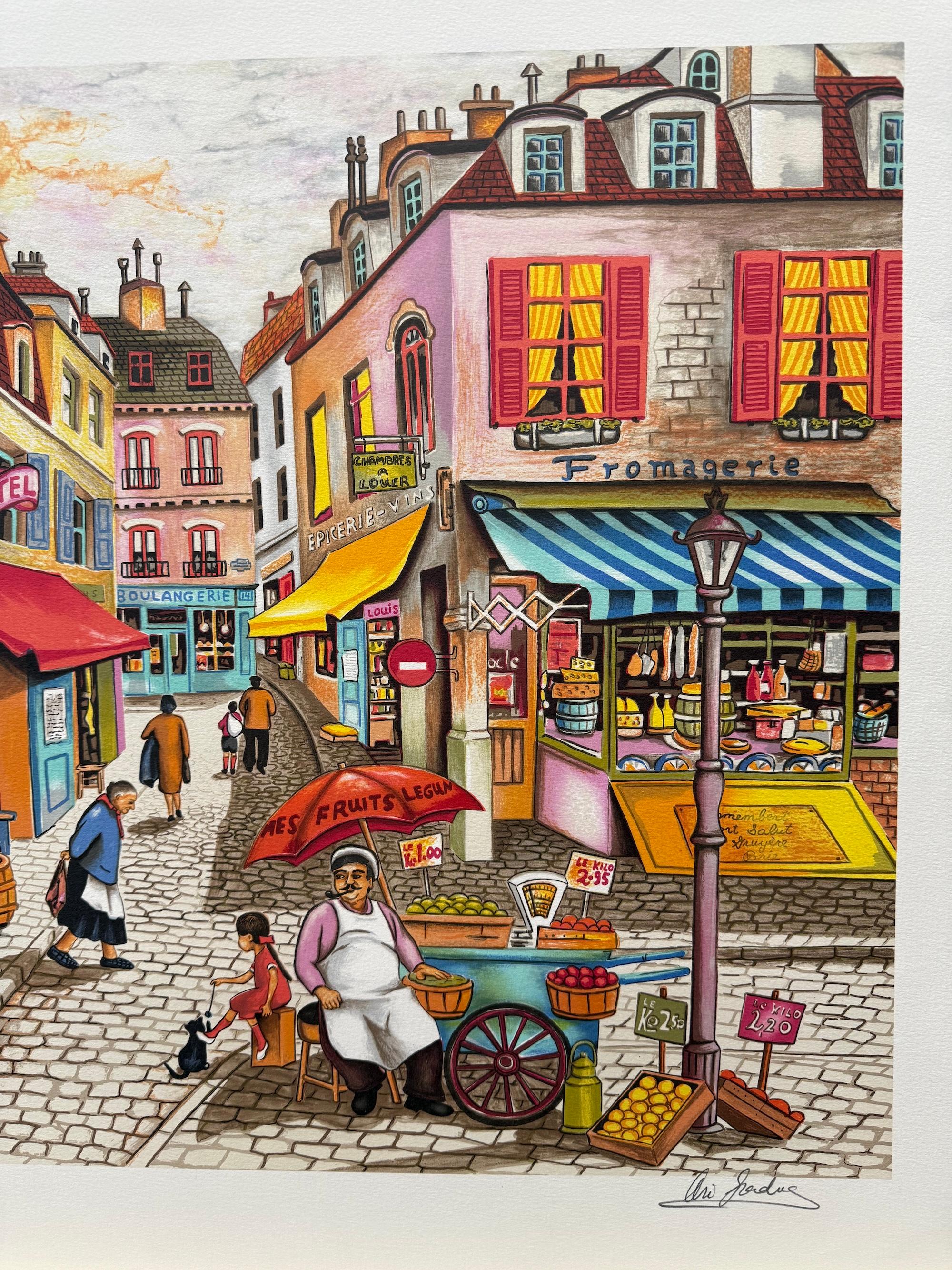 Lithographie signée NOTRE QUARTIER, scène nostalgique d'un marché de rue français en vente 2