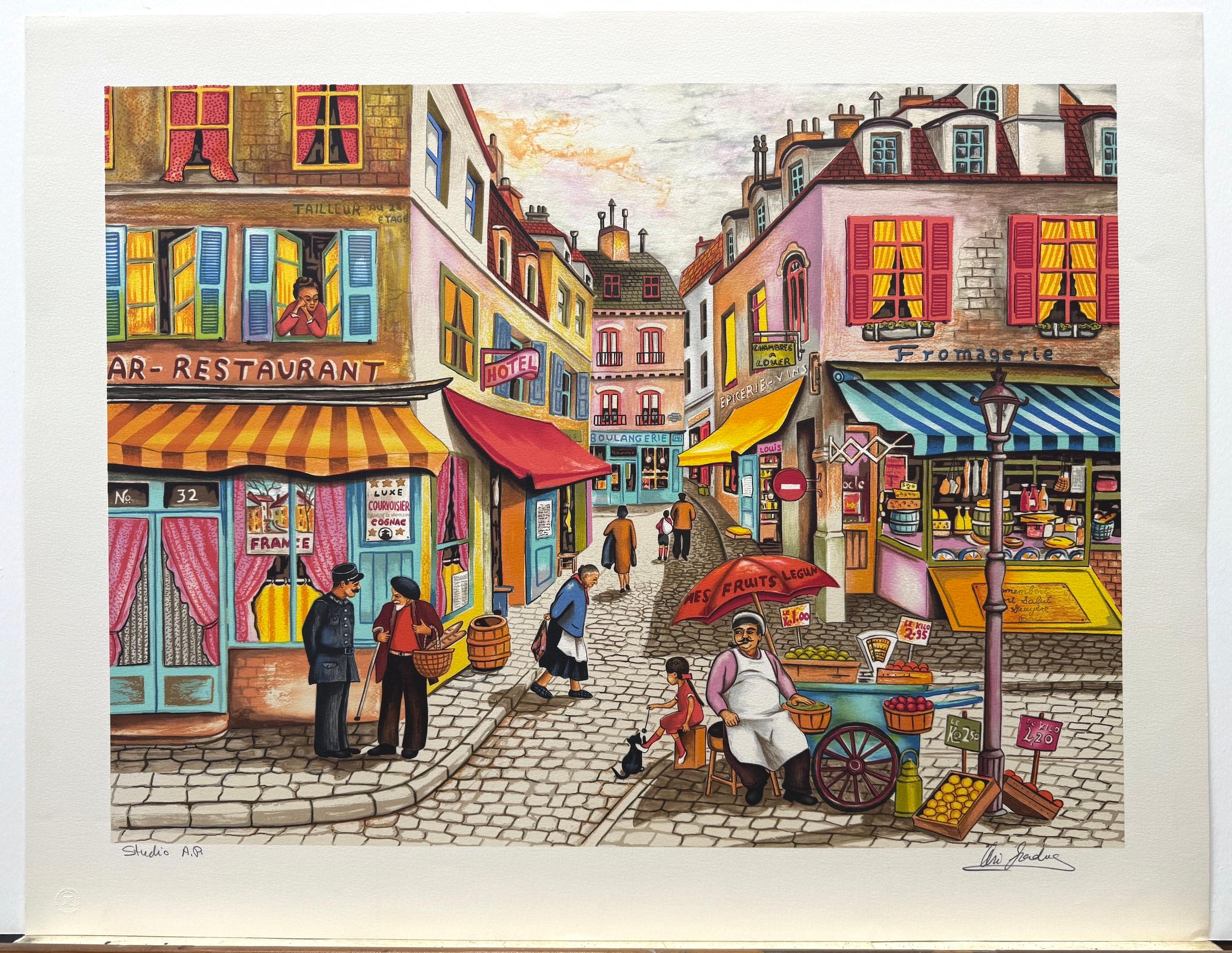 Lithographie signée NOTRE QUARTIER, scène nostalgique d'un marché de rue français en vente 3