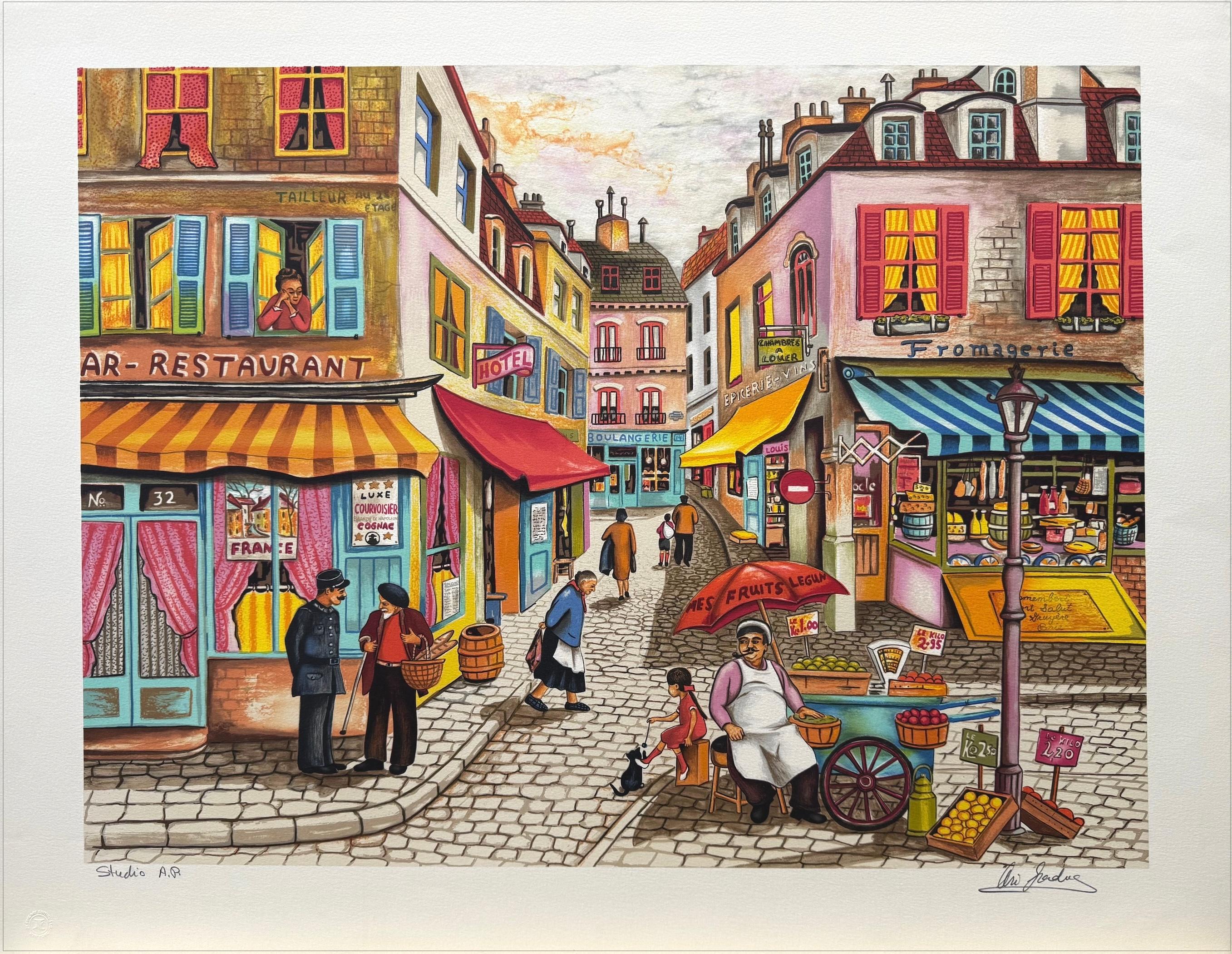 Lithographie signée NOTRE QUARTIER, scène nostalgique d'un marché de rue français