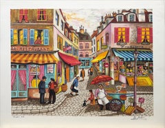 NOTRE QUARTIER Signierte Lithographie, Nostalgische französische Straßenmarktszene