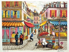 Lithographie signée NOTRE QUARTIER, scène nostalgique d'un marché de rue français