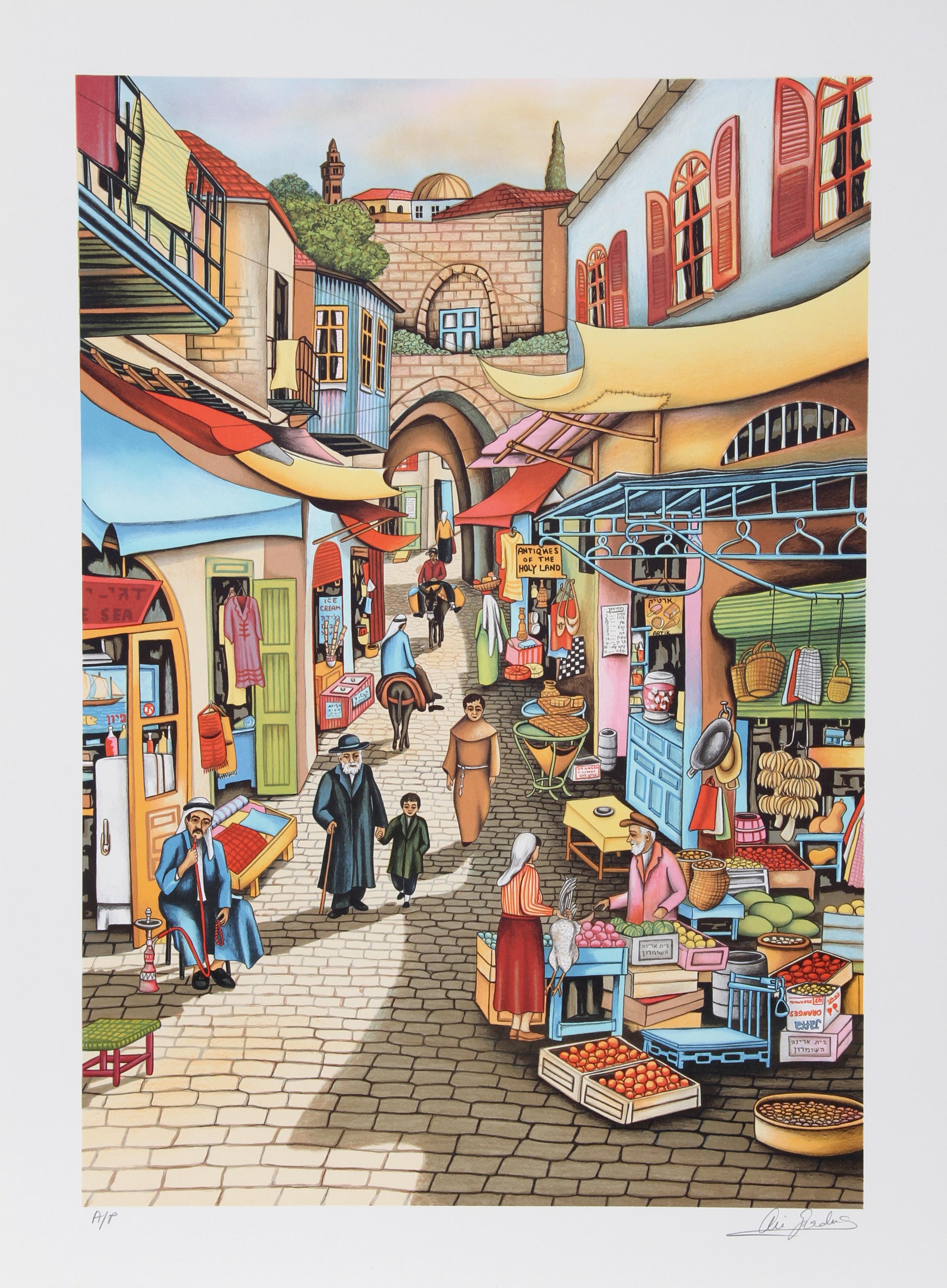 Ari Gradus, israeliano (1943 - ) - Mercato vecchio di Gerusalemme, Anno:  1980, Medio:  Litografia, firmata e numerata a matita, edizione:  AP, Dimensioni immagine:  26 x 18 pollici, Dimensioni:  30 in. x 22 in. (76,2 cm x 55,88 cm), Descrizione: 