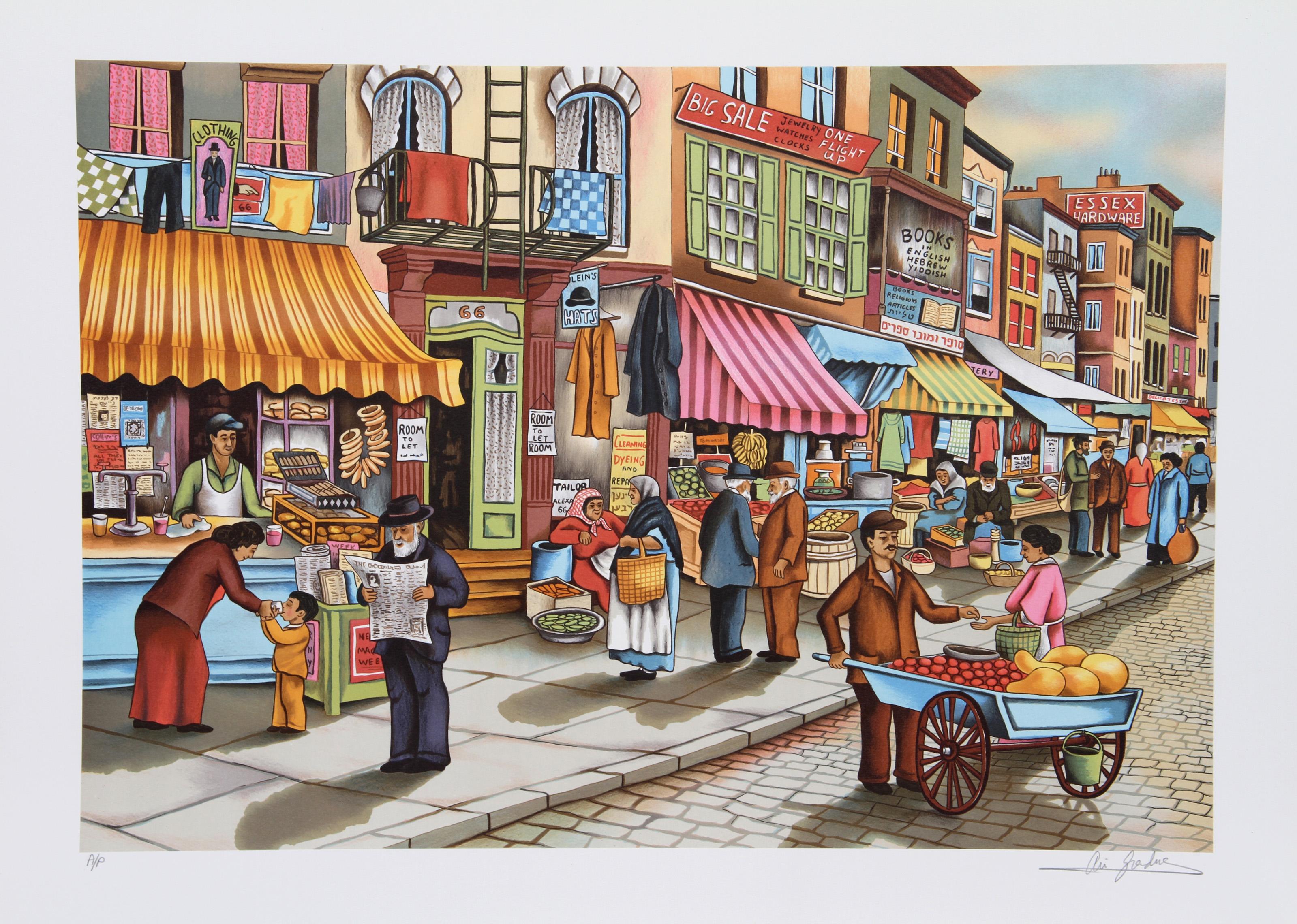Ari Gradus, israeliano (1943 - ) - Old New York, Anno:  1980, Medio:  Litografia, firmata a matita, Edizione:  AP, Dimensioni immagine:  18 x 26 pollici, Dimensioni:  22 in. x 30 in. (55,88 cm x 76,2 cm), Descrizione:  I venditori ambulanti di