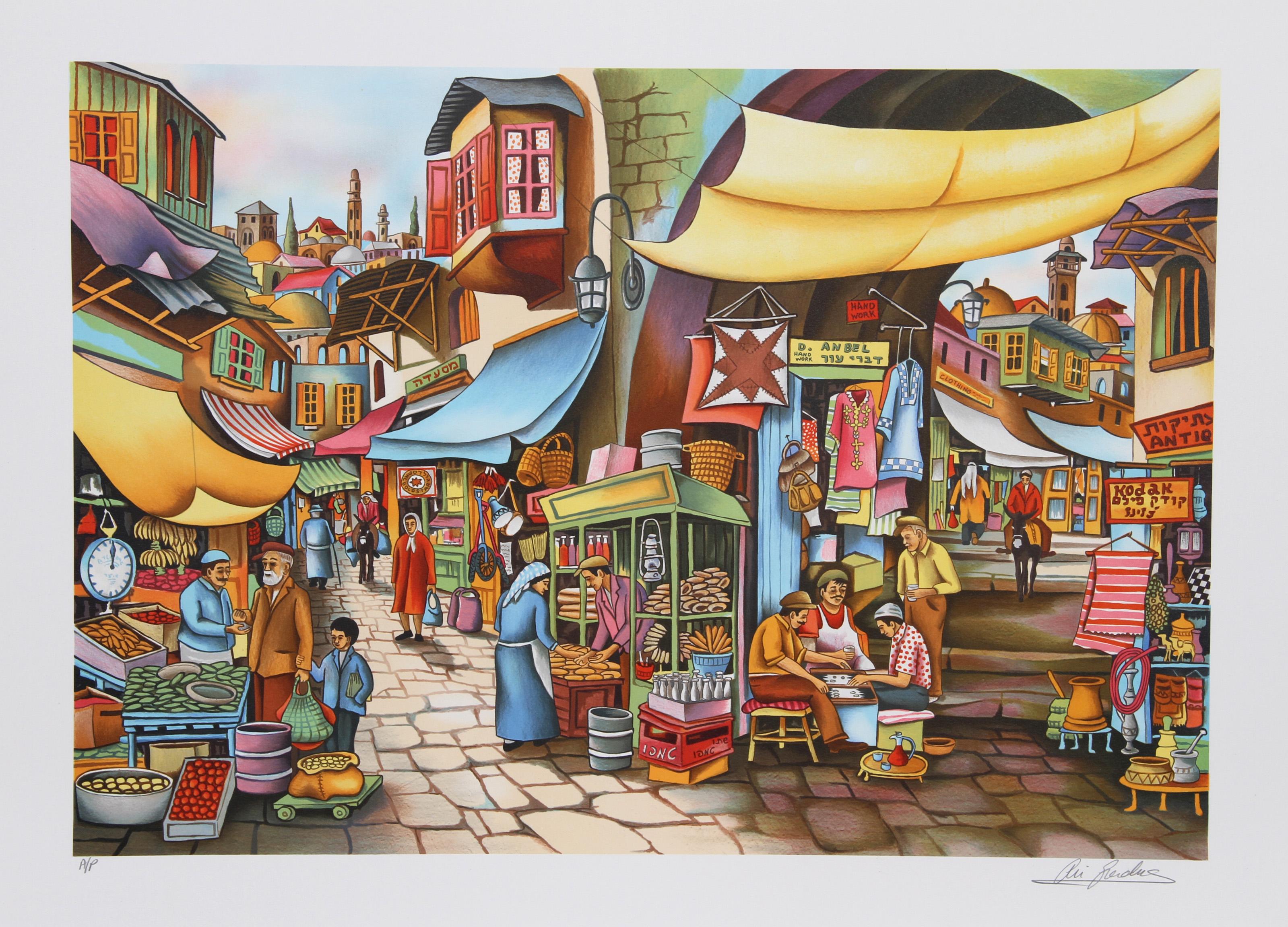 Ari Gradus, israeliano (1943 - ) - Vecchio Quartiere, Anno:  1980, Medio:  Litografia. Firmato e numerato a matita, Edizione:  245, AP, Dimensioni immagine:  18 x 26 pollici, Dimensioni:  22 in. x 30 in. (55,88 cm x 76,2 cm), Descrizione:  Piena di