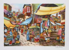 Vintage Old Quartier, Folk Art Lithograph by Ari Gradus