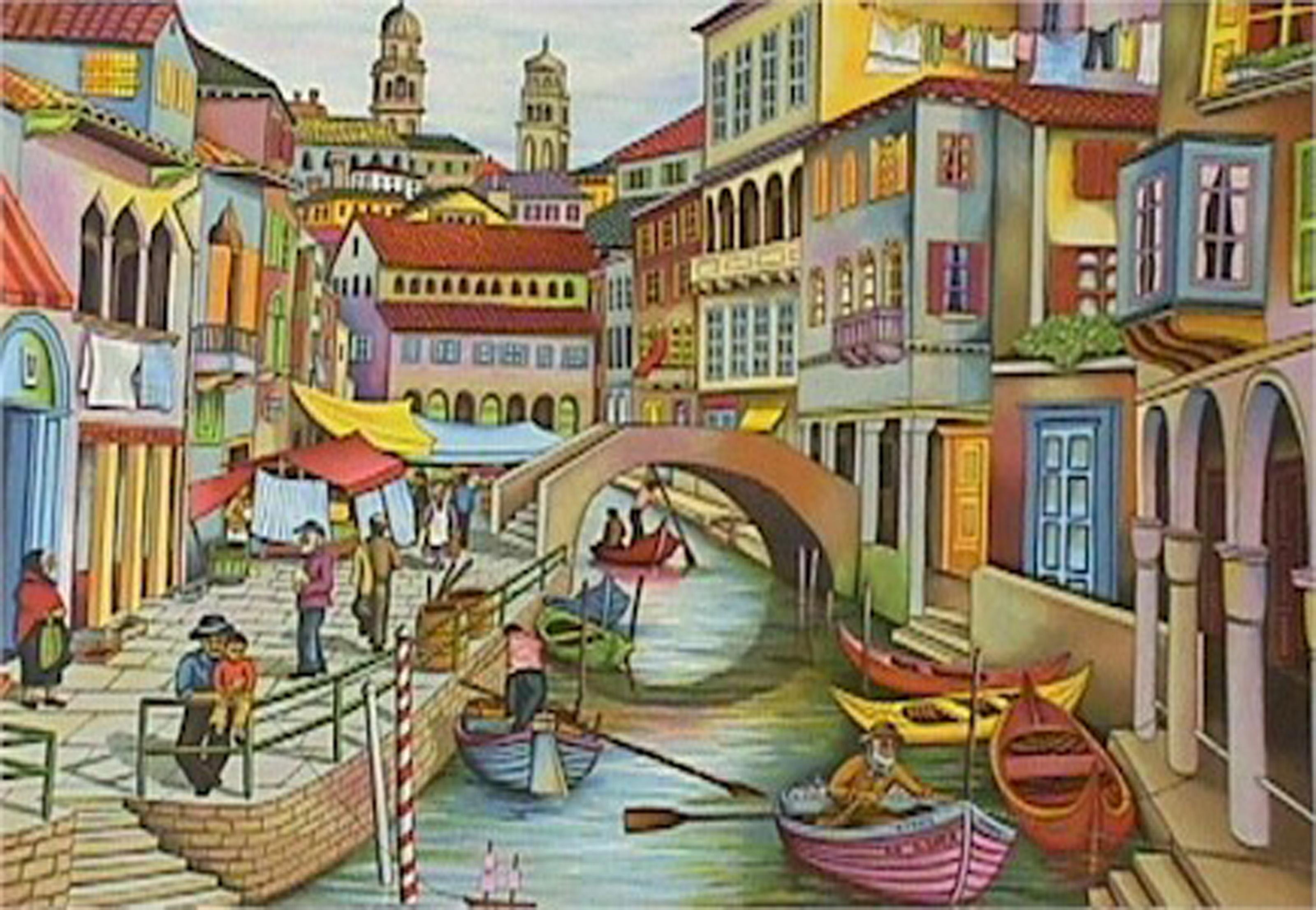 Ari Gradus, israelí (1943 - ) - En el Lomac, Año:  1980, Medio:  Litografía, firmada y numerada a lápiz, Edición:  AP, Talla:  22  x 30 pulg. (55,88  x 76,2 cm), Descripción:  El colorido paisaje urbano de Ari Gradus se centra en un estrecho río que