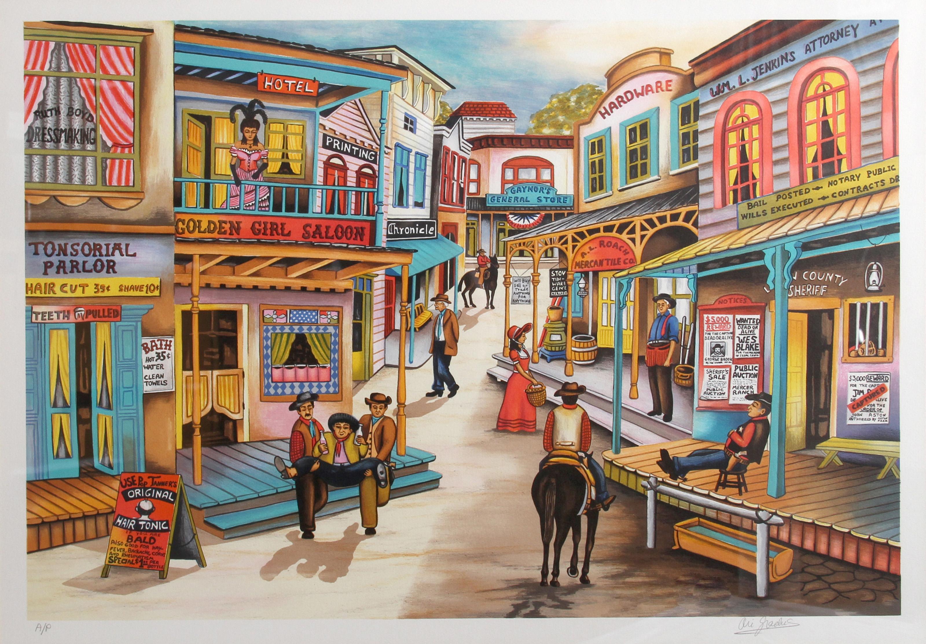 Ari Gradus, israelí (1943 - ) - Out West, Año:  1980, Medio:  Litografía, firmada y numerada a lápiz, Edición:  AP, Talla:  18  x 25 in. (45.72  x 63,5 cm), Tamaño del marco:  27 x 32 pulgadas, Descripción:  La colorida representación de Ari Gradus
