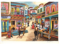 OUT WEST Signierte Lithographie, Nostalgische Wild West Townes Szene, Cowboys