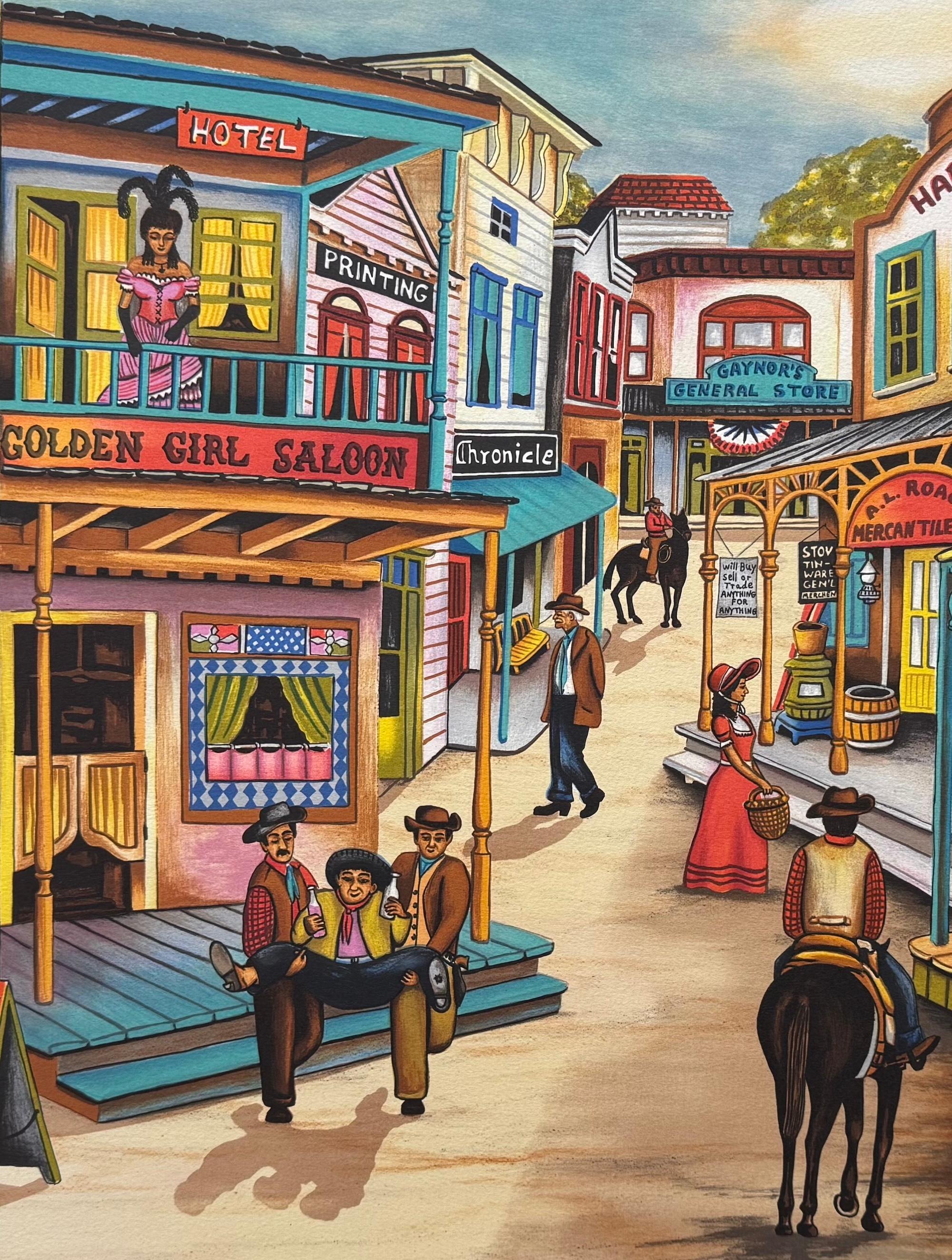 OUT WEST Signed Lithograph, Nostalgic Wild West Town Scene, Cowboys - Contemporary Print by Ari Gradus