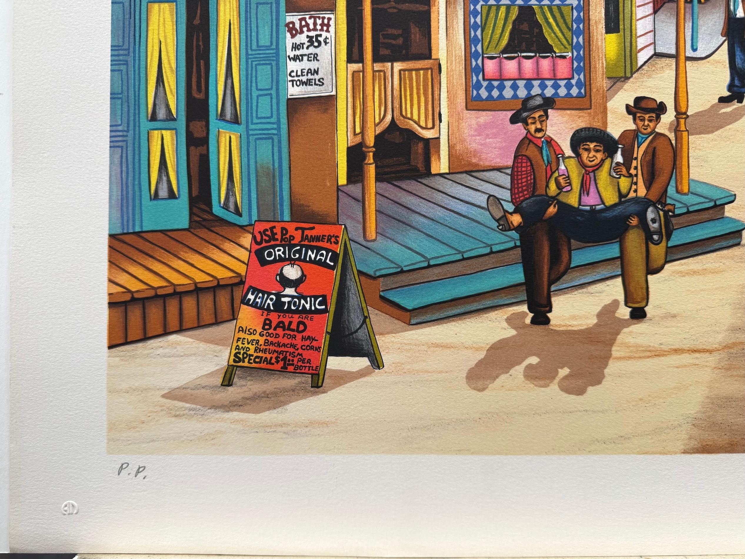 OUT WEST Signed Lithograph, Nostalgic Wild West Town Scene, Cowboys - Beige Landscape Print by Ari Gradus