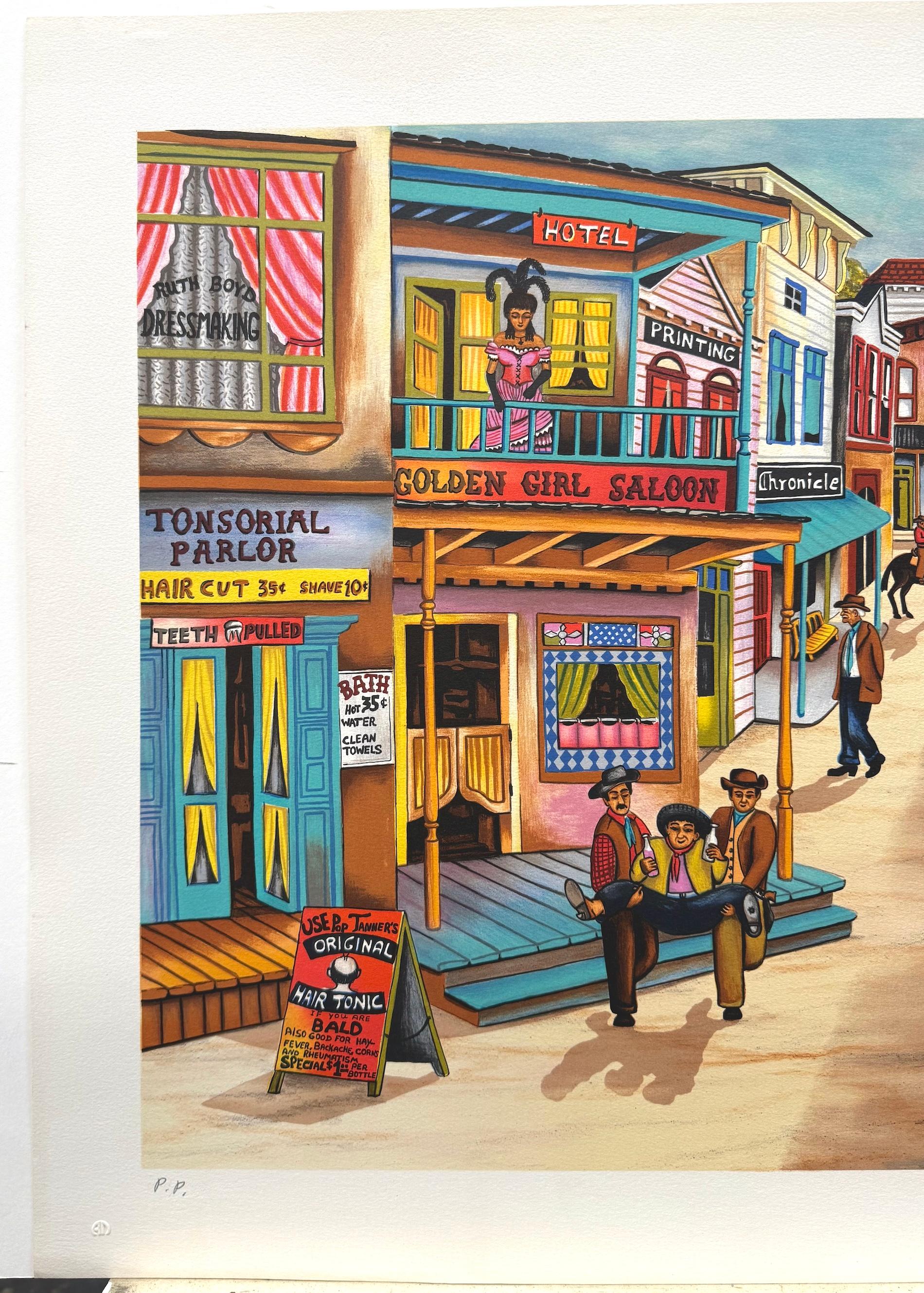 OUT WEST is a hand drawn original lithograph by the artist Ari Gradus printed in 13 colors using traditional hand printmaking techniques on archival Arches paper 100% acid free. OUT WEST presents a nostalgic 