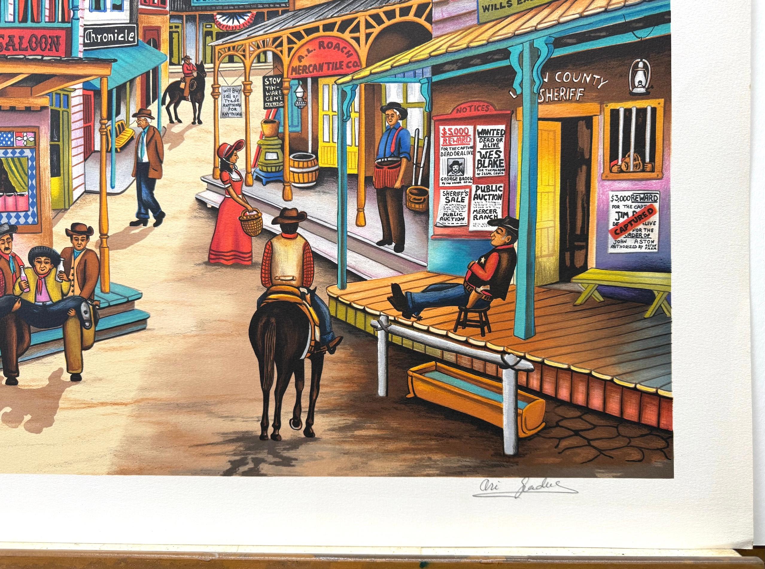 OUT WEST Signed Lithograph, Nostalgic Wild West Town Scene, Cowboys For Sale 1