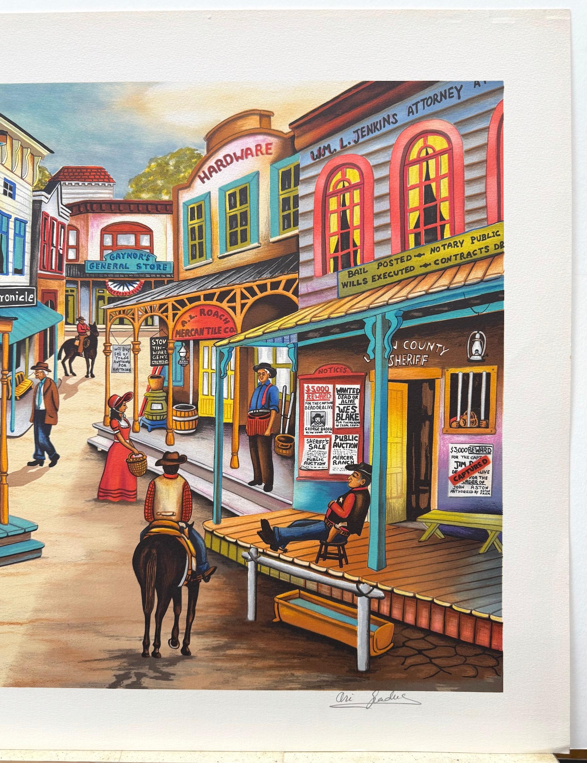 OUT WEST Signed Lithograph, Nostalgic Wild West Town Scene, Cowboys For Sale 2