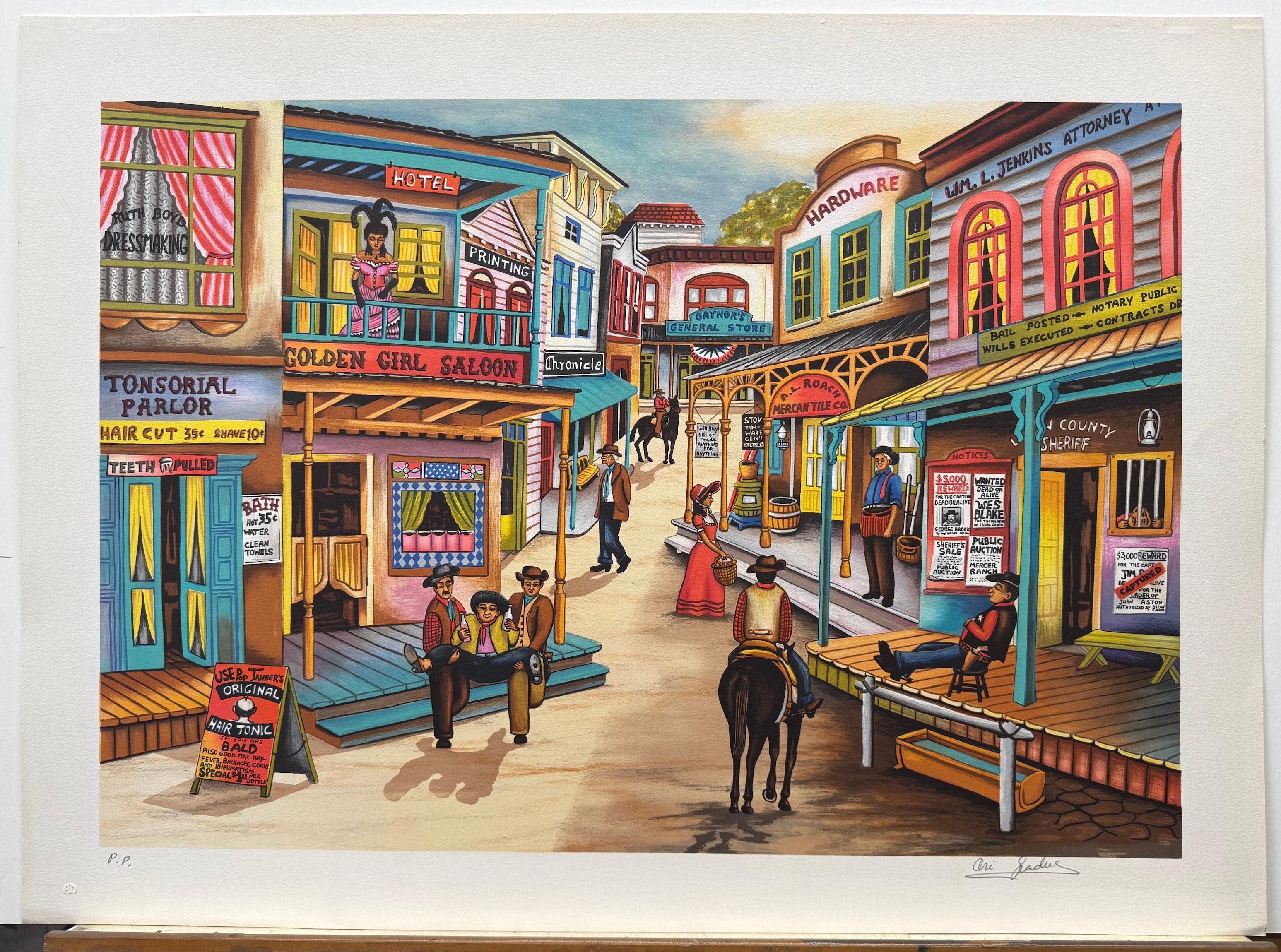 OUT WEST Signed Lithograph, Nostalgic Wild West Town Scene, Cowboys For Sale 4